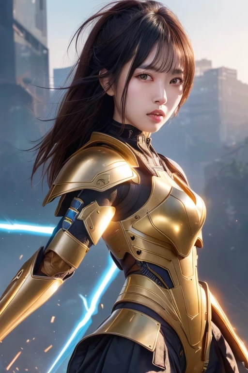 Digital Cyberpunk Art、highest quality、Ultra-high quality CG Unity 8K、Brown medium hair、One Japanese woman、Medium chest、Cyberpunk armor、Wearing shiny metallic gold mechanical armor、Armor that glows white with LEDs、Stand in the devastated wilderness、(fighting stance)
