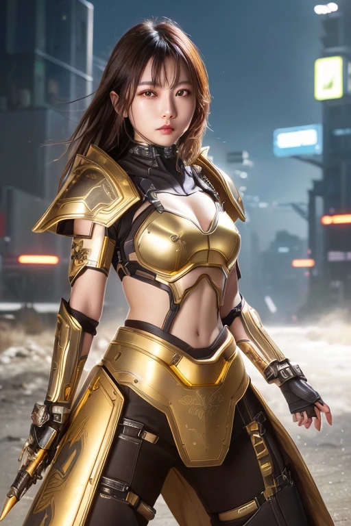 Digital Cyberpunk Art、highest quality、Ultra-high quality CG Unity 8K、Brown medium hair、One Japanese woman、Medium chest、Cyberpunk armor、Wearing shiny metallic gold mechanical armor、Armor that glows white with LEDs、Stand in the devastated wilderness、(fighting stance)
