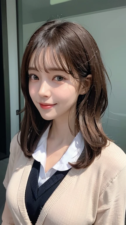 8k,best quality, masterpiece, ultra detailed, ultra high res, photorealistic, raw photo, absurdres, absolutely resolution, 1girl, solo,upper body, looking at viewer,a Japanese young pretty girl, Japanese idol,hyper cute face, glamorous figure, gigantic breasts, cleavage , long bob hair ,smile,(school uniform:1.3), Walking to school with a smile on his face, glossy lips, double eyelids in both eyes, natural makeup, long eyelashes, shiny smooth light brown long bob hair, asymmetrical bangs, shiny skin, central image, high resolution, high detailing, detailed hairstyle, detailed face, spectacular movie lighting, octane rendering, vibrant, hyper realistic, perfect limbs, perfect anatomy