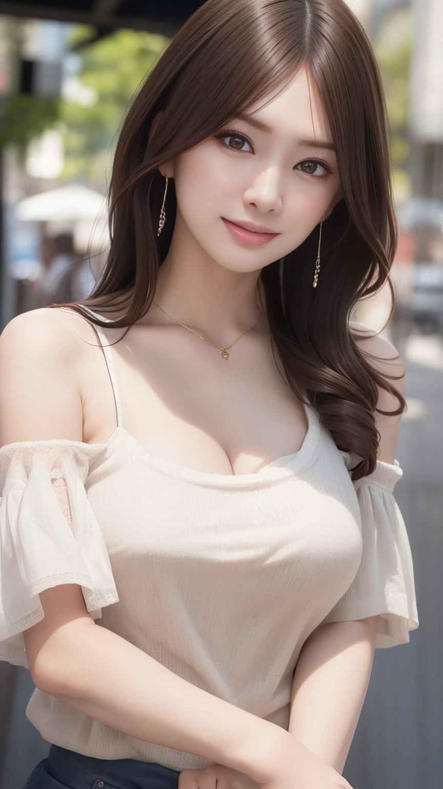 Realistic、Realistic、highest quality、Natural Lip、Fair skin、Great light、Beautiful lighting、Parted bangs、Off the shoulder、Large Breastsの谷間、Large Breasts、White camisole、mini skirt、Gorgeous Accessories、Harajuku、smile、かわいいsmile、Crowds in the city