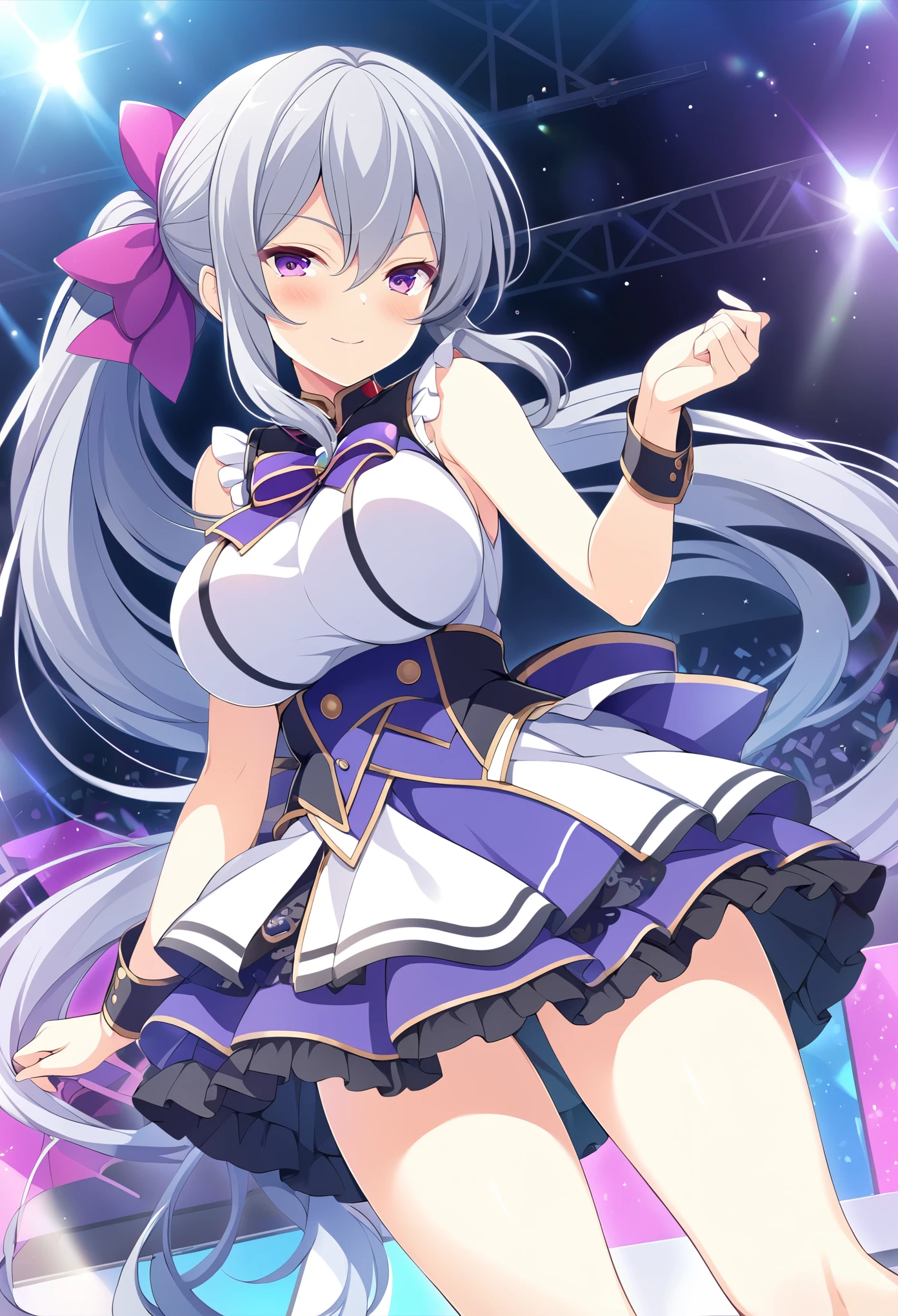 SHIGETOAKIHO, GREY HAIR, LOW PONYTAIL, PURPLE BOW, HAIR BOW, HAIR BETWEEN EYES, VERY LONG HAIR, PURPLE EYES,, large breasts, live stage, solo,