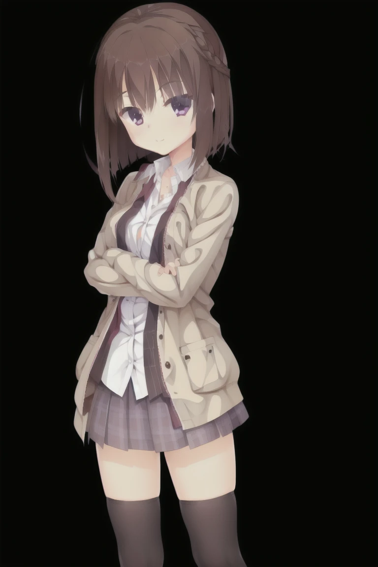 1girl,solo,dark_blown_hair,bob_hair,smile,Light brown cardigan, baggy cardigan, white shirt, cute shirt, skirt, pleated skirt, brown skirt, plaid skirt, thigh-highs sleeves_past_wrists,Bedroom,expensive_solve, clear_image, expensive_Contrast, 8k, Sparkling, beautiful_detailed_face_and_eye, (Dark Brown Hair:1.25), 白 eye,Black background