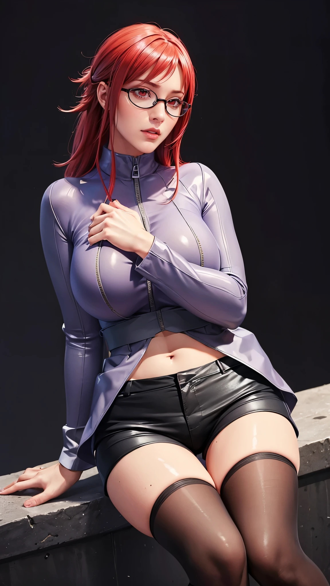 （（（完美figure，figure，solo， White and tender skin，（（（Cyberpunk，purple jacket,long shirt，navel，black shorts，black thighhighs，zipper ））），（（（karinuzumaki，red hair，long hair，glasses，red eyes，））），((masterpiece)),high resolution, ((Best quality at best))，masterpiece，quality，Best quality，（（（ Exquisite facial features，Looking at the audience,There is light in the eyes，(（（lol，Happy，blush））），））），（（（Light and shadow，Huge breasts））），（（（Looking at the camera，black background，Bend forward)）））