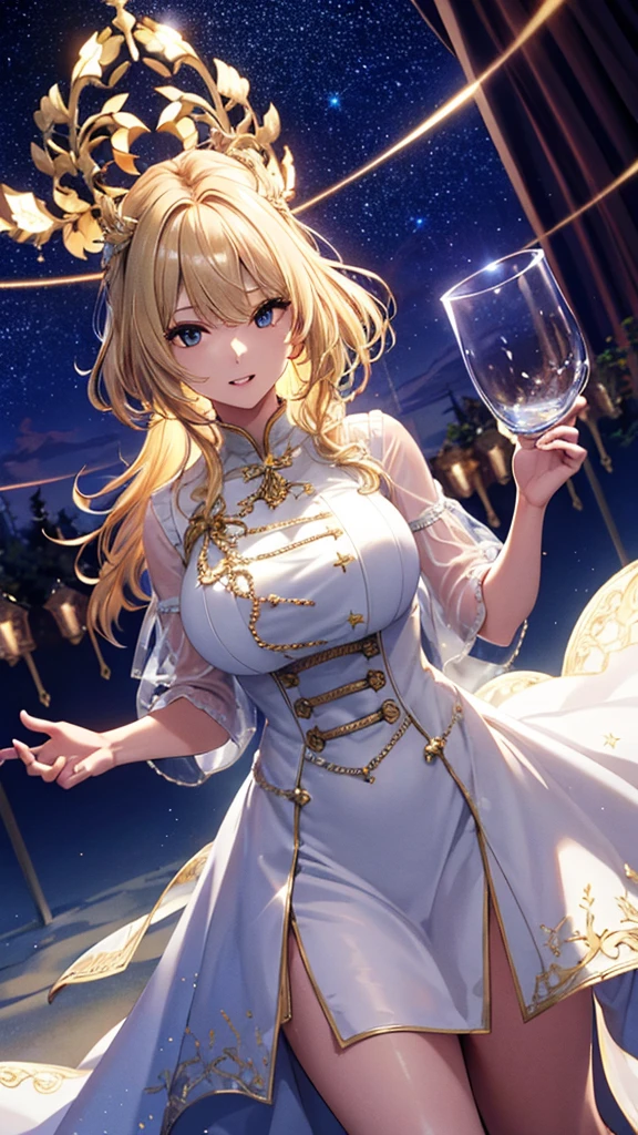 masterpiece, high quality, 4K, Beautiful design, silhouette,blonde, 非常に詳細な夜のStarry Sky,Glass Kingdom,Glass World,Glass Castle, wonderful, Finer details, Very knowledgeable woman, Highly detailed solo, 1 female,Big Breasts, Pure white dress,Night view,Starry Sky,