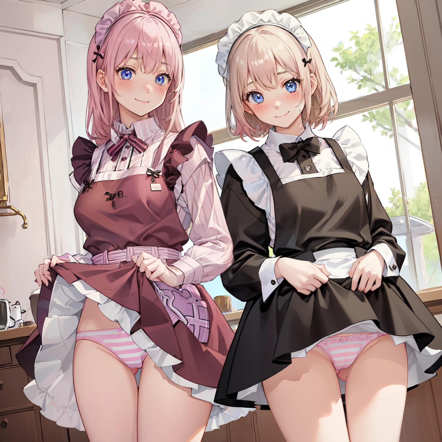 highest quality、masterpiece、((2 girls:1.5))、((smile:1.3))、(blush:1.3)、Black Shirt、blouse、((fun!!))、(Small breasts)、()、Blonde、(Long sleeve)、((White apron:1.5))、((Maid))、((hair ornaments)),、Kamimei、look at me、 ((in house:1.5))、 Taking a break from watching the audience、Cowboy Shot、(Skirt lift:1.3),(Highly detailed pink striped panties:1.3)、(Highly detailed panties:1.3)、、(スカート that rolls up:1.3)、(Panties fully exposed:1.5)、Light blue eyes、long hair、Glowing Eyes