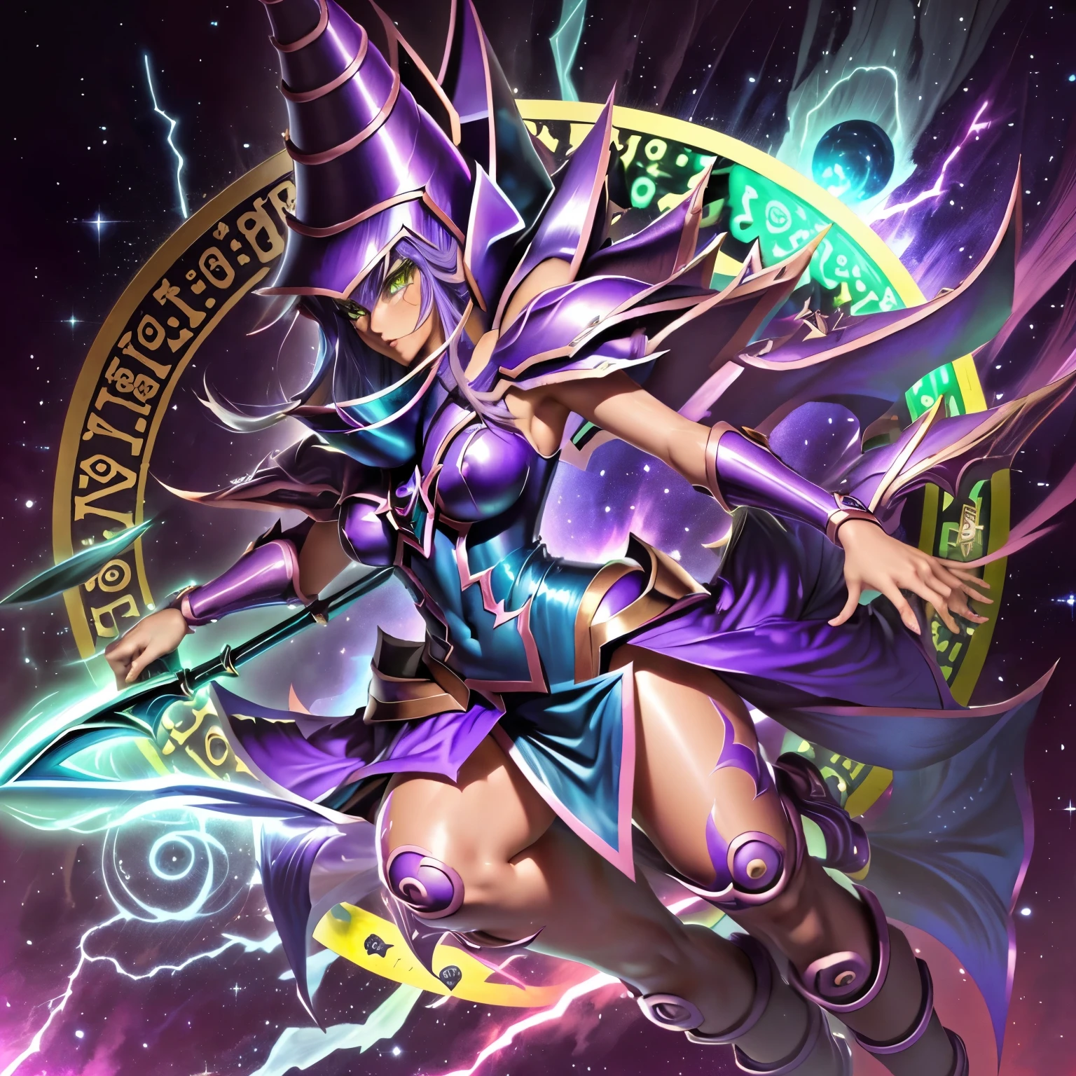 una imagen de un personaje de anime morado y verde con una espada, yugioh art style, Estilo Alex Gray, estilo yugioh, aura de oscuridad, galactic deity, Chica Maga Negra, Holographic sheet!, estilo de espada fantasma, obra de arte de yugioh, mystical anubis valkyrie, estilo de arte arcano, dios legendario sosteniendo lanza, ⃣ → Dark Spectrum Prime, rostro perfecto, chica bella, hermosa