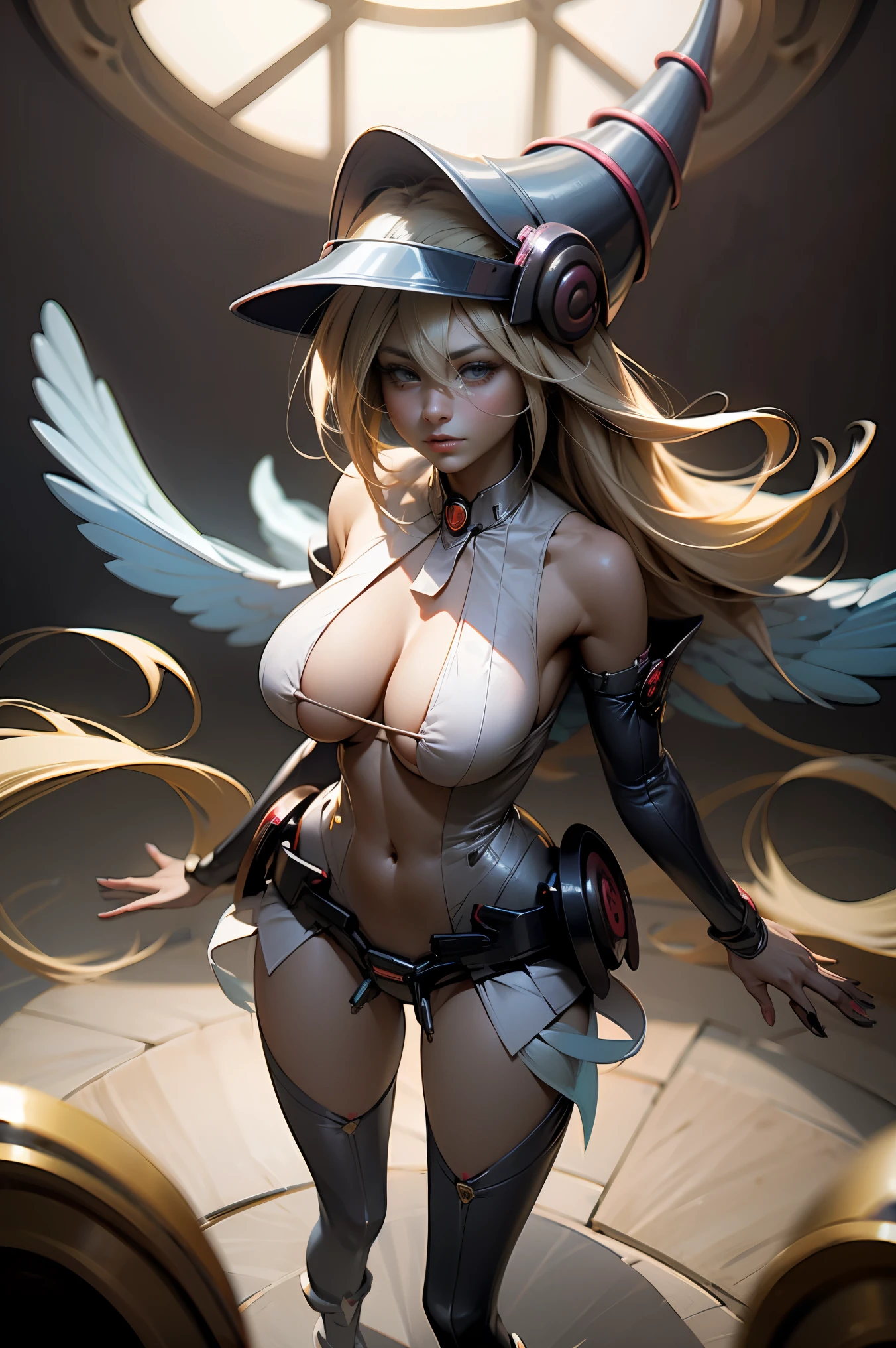 (Obra maestra:1.2), (La mejor calidad:1.2), perfect lighting, Chica Maga Oscura lanzando un hechizo, flotando en el aire, tetas grandes, escote, fondo de magia. Corazones transparente en el hambiente, bata azul, sombrero grande, desde arriba, Destellos, Yugioh Card en el fondo. En tacones y en bikini 