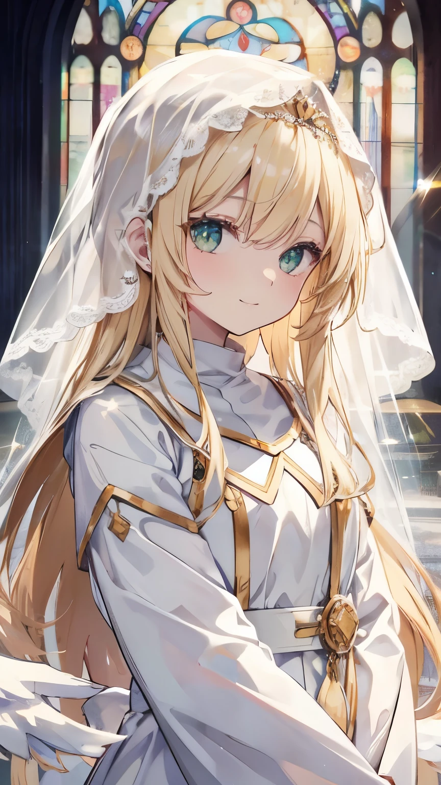 Very long hair、Blonde、Detailed sparkly eyes、Green Eyes、Three pairs of angel wings、Angel halo on head,smile、Embarrassing、shine、reflected light、Film Grain、masterpiece、Textured Skin、Super Detail、High Detail、high quality、最high quality、High Resolution、16k、shine、Monastic Clothes、Nuns、church、Stained glass,Veil