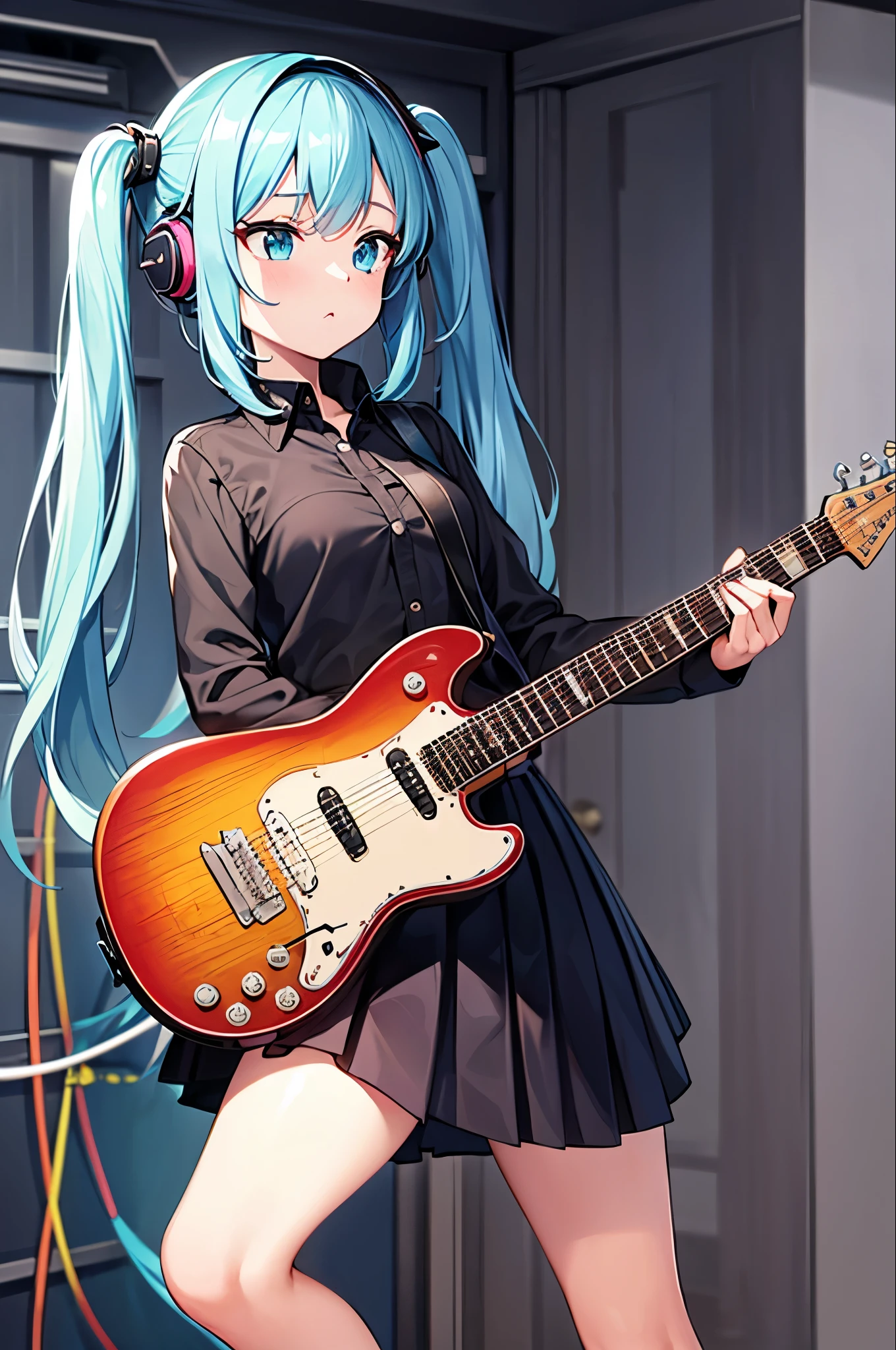 ((masterpiece, highest quality))One girl, alone, Black Dress, blue eyes, electric guitar, guitar, Headphones, Double Ponytail, Holding, Holding plectrum, musical instrument, Long Hair, music, One side up, Turquoise Hair, Twin tails, guitarを弾く, Pleated skirt, Black Shirt, interior