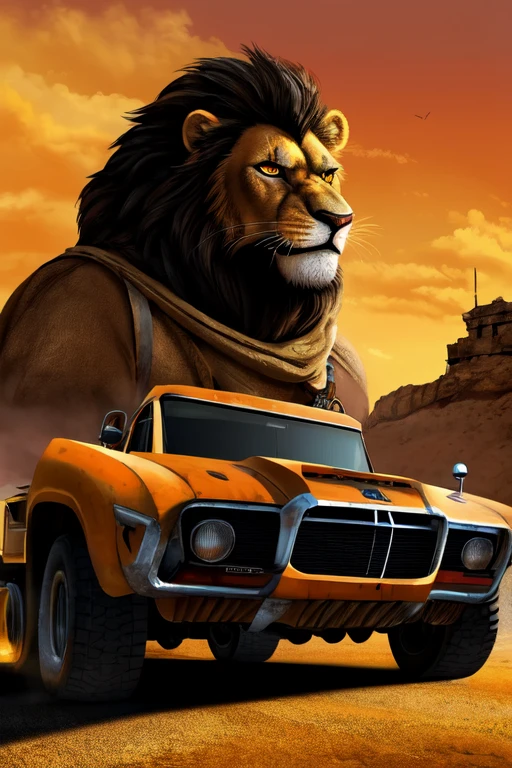 ((mejor calidad)), ((obra maestra)), a heavy trailer truck with a big engine in the style of mad max fury on the imposing road, amenazante robusto amarillo con negro con partes oxidadas y que en el parabrisas diga "lion of judah"