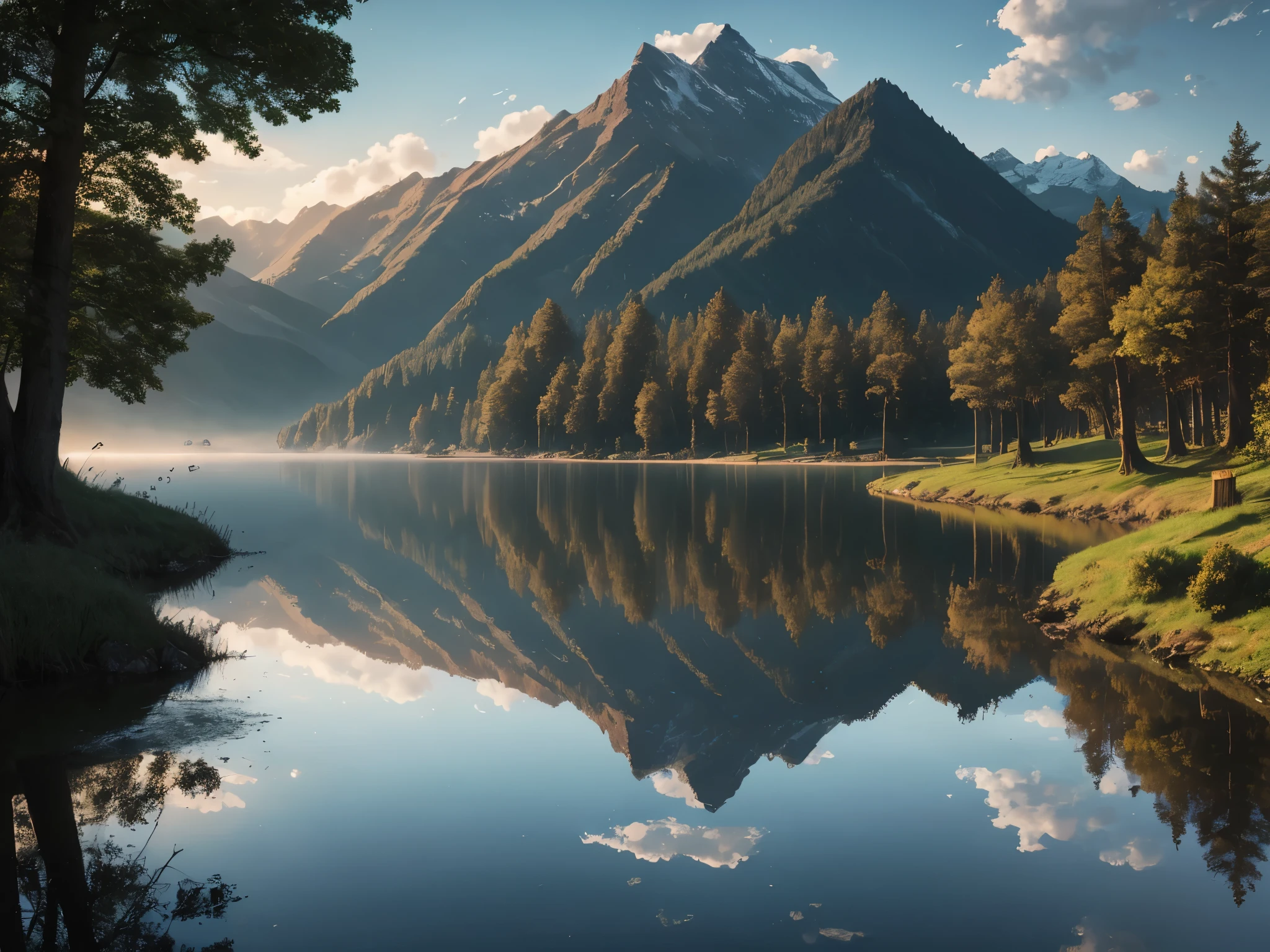 Lakeside, reflection on the lake, Sunlight, Tyndall effect, high detail, Surrealism, chiaroscuro, reflection light, ray tracing, vignetting, UHD, masterpiece, super detail, high details, high quality, best quality, highres