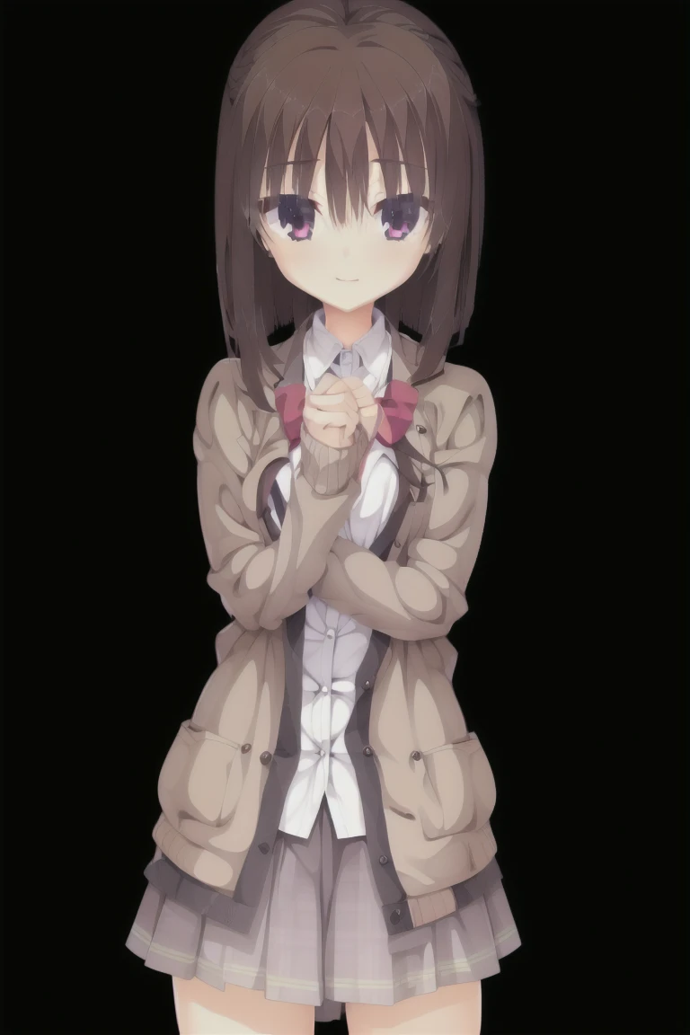 1girl,solo,dark_blown_hair,bob_hair,smile,Light brown cardigan, baggy cardigan, white shirt, cute shirt, skirt, pleated skirt, brown skirt, plaid skirt, thigh-highs sleeves_past_wrists,Bedroom,expensive_solve, clear_image, expensive_Contrast, 8k, Sparkling, beautiful_detailed_face_and_eye, (Dark Brown Hair:1.25), 白 eye,Black background
