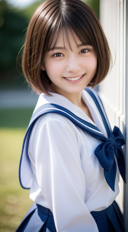 ((run and jump))、highest quality,8K quality,masterpiece:1.3),(超High resolution,Photorealistic:1.4,RAW Photos),(Very detailed,Caustics,Detailed Background),(Ultra-Realistic Capture,Beautiful and detailed skin,Perfect Anatomy),At dusk,Sunset sky,School building,Schoolyard,18-year-old,cute,Black short bob,Looking at the camera,Laughter,、masterpiece, highest quality, High resolution, wallpaper, Realistic, Bright lighting, Professional Lighting, Face Light, Smooth lighting, Japanese Girls, ((Whole body 1.4)),Are standing, 15 years old,cute, smile, beautiful girl, gravure, , so beautiful, Beautiful Skin, Beautiful and exquisite、Detailed face、slim、Moderate, short hair,、Schoolyard、Cheerfully、smile、skip、Teenage Girls　Japanese　Realisticな　10 generations　　Background Blur、Sailor suit、blue sky