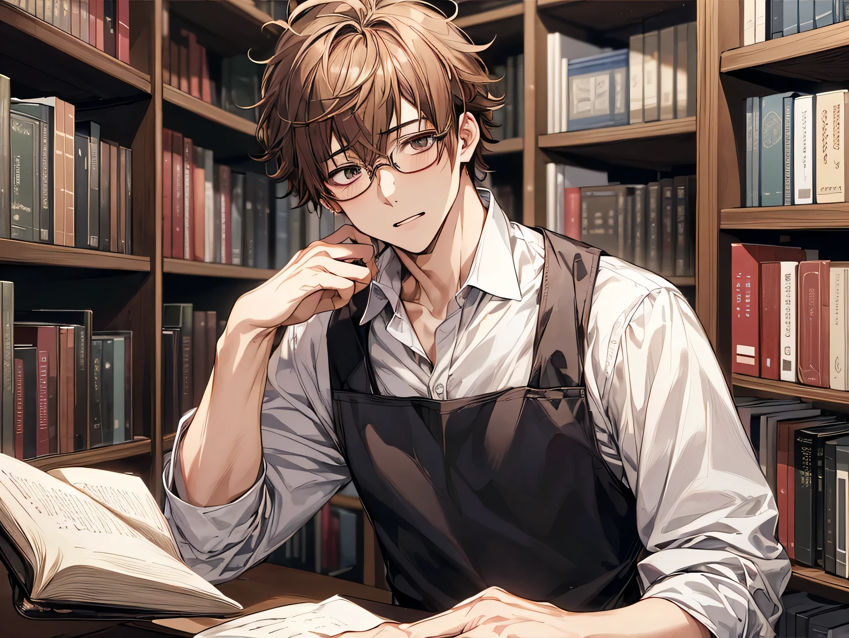 Male,Upper Body,masterpiece,highest quality,Face close-up, (Anime Male),melancholy, book store clerk, apron,Male,25age,male,alone,Glasses,Kedaruge、Downer,shirt,messy hair, Brown,book store,Background Bookshelf
