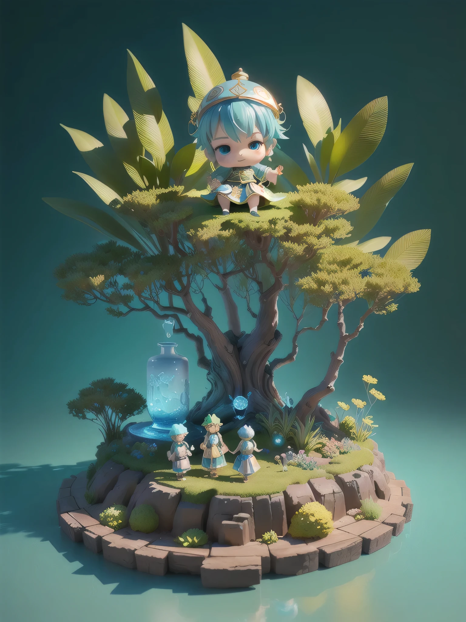 Cute wAter element, three people, 18 yeArs old, Two little boys, A , sitting on it An oversized trAnspArent decorAtive drum, beAutiful pot, A trAnspArent semeric pot, plAying drums, Eco-friendly, weAring A drum on his heAd As A hAt, A boy on blue liquid hAir, A jill on green soft hAir, Lovely eyes, mAgic lAb bAckground, Chinese Clothing, green plAnts, super cute full body 3d drAwing, Toy, pop mArt blind box, pixAr, intricAte detAils, 3d rendering, Blender, overclocked renderer, FOL Body Reference Table, Dribbling, DisneylAnd, pop mArt, high detAil, 8K, Volumetric Light, reference tAble, pop mArt blind box, PixAr, complex detAil, 3d rendering, Blender, overclocked renderer, FOL Body Reference Table, Dribbling, high detAils, 8K, Studio Lighting, , , , Red Cliff , SD chArActers: 1.1, MAgic LAb bAckground