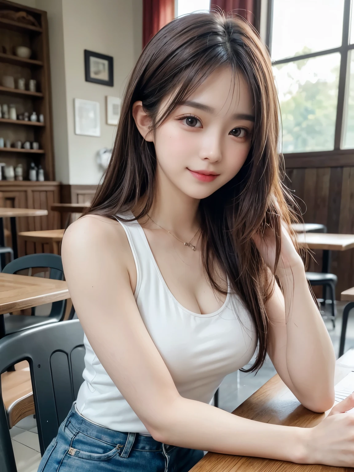 (masterpiece: 1.3), (8k, Realistic, RAW Photos, highest quality: 1.4), (One Girl), Beautiful Face, (Realistic Face), (Brown long hair: 1.3), Beautiful Hairstyles, (bangs), (smile), smile, Realistic eyes, Gloss, highlight, highlight in the Eyes, eyelash, Beautiful details in the eyes, (Realistic Skin), (((Tank top:Random color 1pc.2、Short jeans、At the cafe、Coffee on the table、)))、Beautiful Skin, Transparency、 bust, smile, teeth, Confused, charm, 超High resolution, Ultra-realistic, High resolution, Golden Ratio, Clear eyes, Wet, Mole, Looking into the camera, ear, Shine, Long neck, double eyelid, Big eyes, cheek, kind character, charm personality, kind, Move, 圧倒的なcharm, bright personality