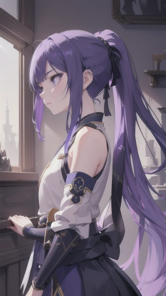 detailed fantasy portrait of a young girl with navy blue short ponytail, black eyes, wolf's ears, wearing purple hanfu armor, holding a longbow, cinematic lighting, dramatic atmosphere, concept art, digital painting, highly detailed, sharp focus, photorealistic, vibrant colors, dramatic lighting