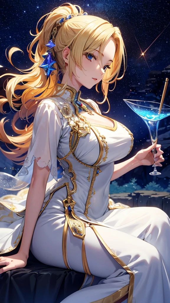 masterpiece, high quality, 4K, Beautiful design, silhouette，blonde， 非常に詳細な夜のStarry Sky,Glass Kingdom，Glass World，Glass Castle， wonderful, Finer details,  Very knowledgeable woman, Highly detailed solo, 1 female,Big Breasts， Pure white dress，Night view，Starry Sky，