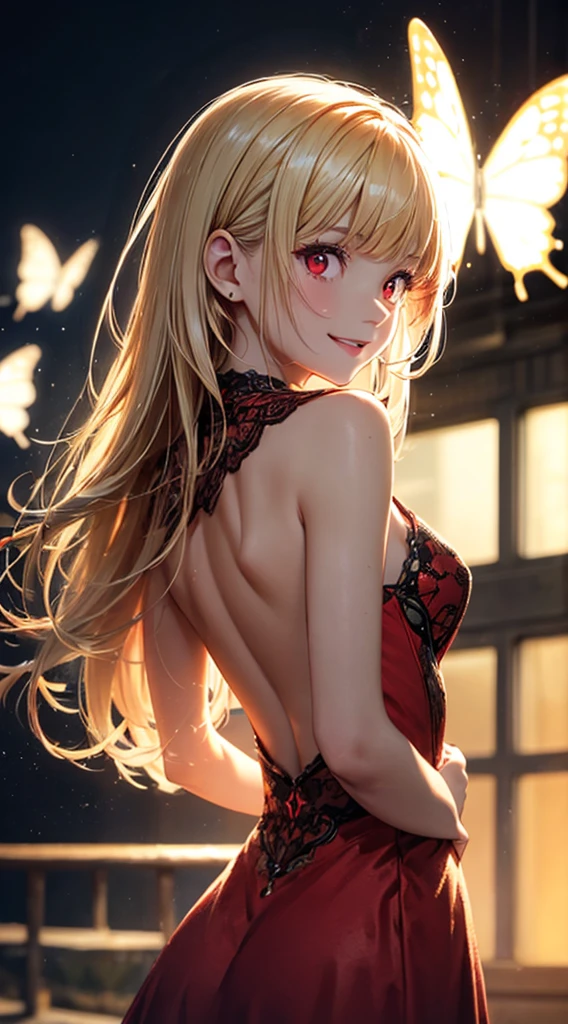 (​masterpiece),(top-quality:1.2),((perfect anatomy)),((arms behind back)),(1 girl),(flat chest),Highest quality,long blonde hair,blunt bangs,(sideways glance),beautiful detailed red eyes,red dress,lots of red butterflies flying in the background,neon light,film lighting,depth of written boundary,bokeh,seductive smile,the atmosphere is full of happiness and laughter