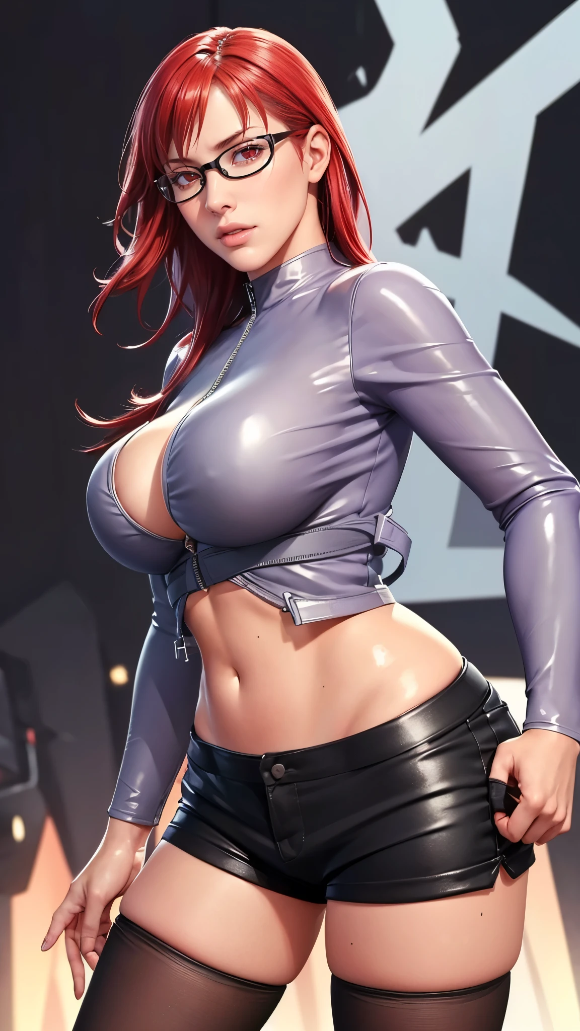 （（（完美figure，figure，solo， White and tender skin，（（（Cyberpunk，purple jacket,long shirt，navel，black shorts，black thighhighs，zipper ））），（（（karinuzumaki，red hair，long hair，glasses，red eyes，））），((masterpiece)),high resolution, ((Best quality at best))，masterpiece，quality，Best quality，（（（ Exquisite facial features，Looking at the audience,There is light in the eyes，(（（lol，Happy，blush））），））），（（（Light and shadow，Huge breasts））），（（（Looking at the camera，black background，Bend forward)）））