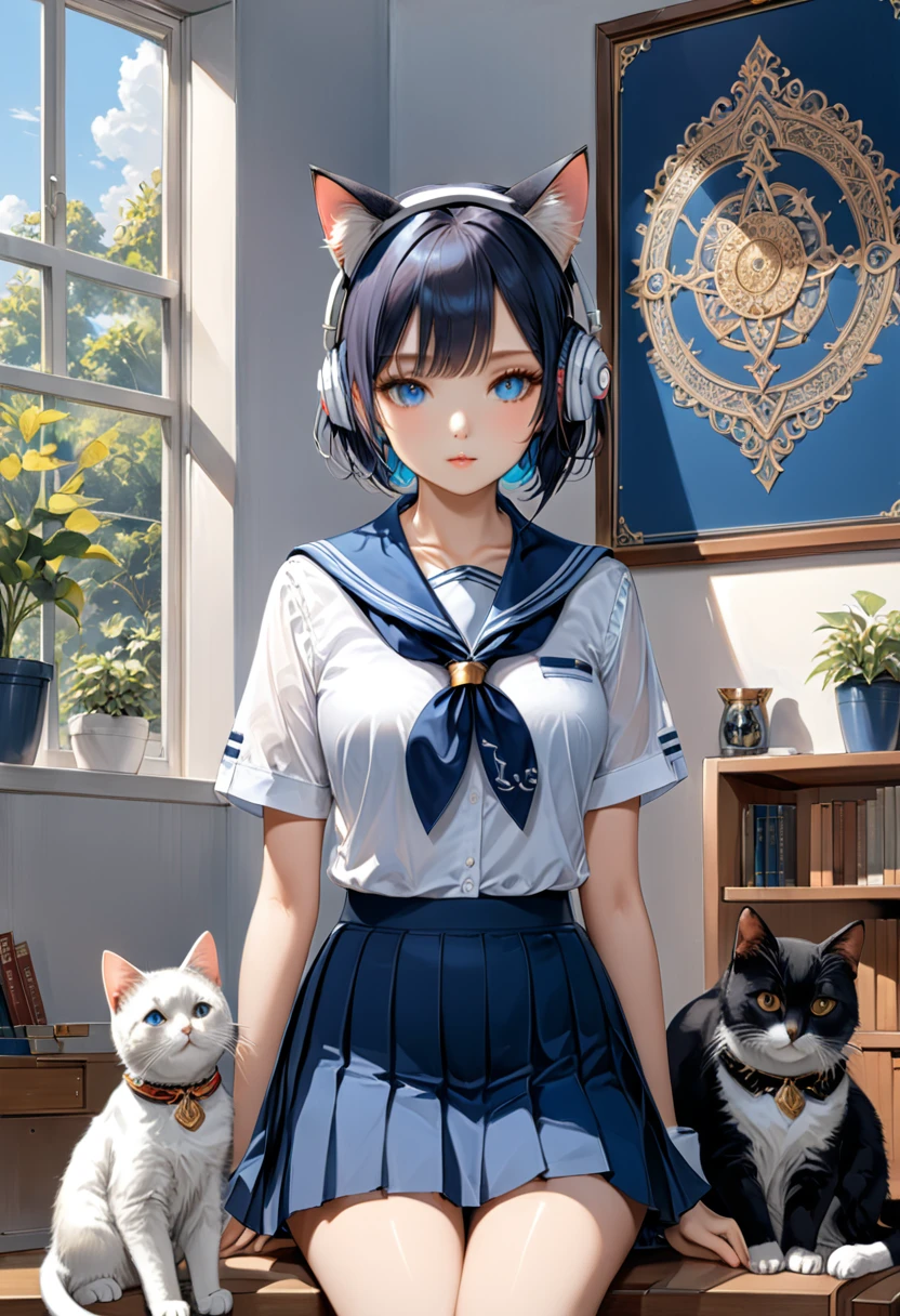 (Girl with Cat:1.4),headphones,short hair,school uniform,blue skirt,neckerchief,short sleeves,white shirt,blue sailor collar,pleated skirt, (masterpiece, best quality, Professional, perfect composition, very aesthetic, absurdres, ultra-detailed, intricate details:1.3)