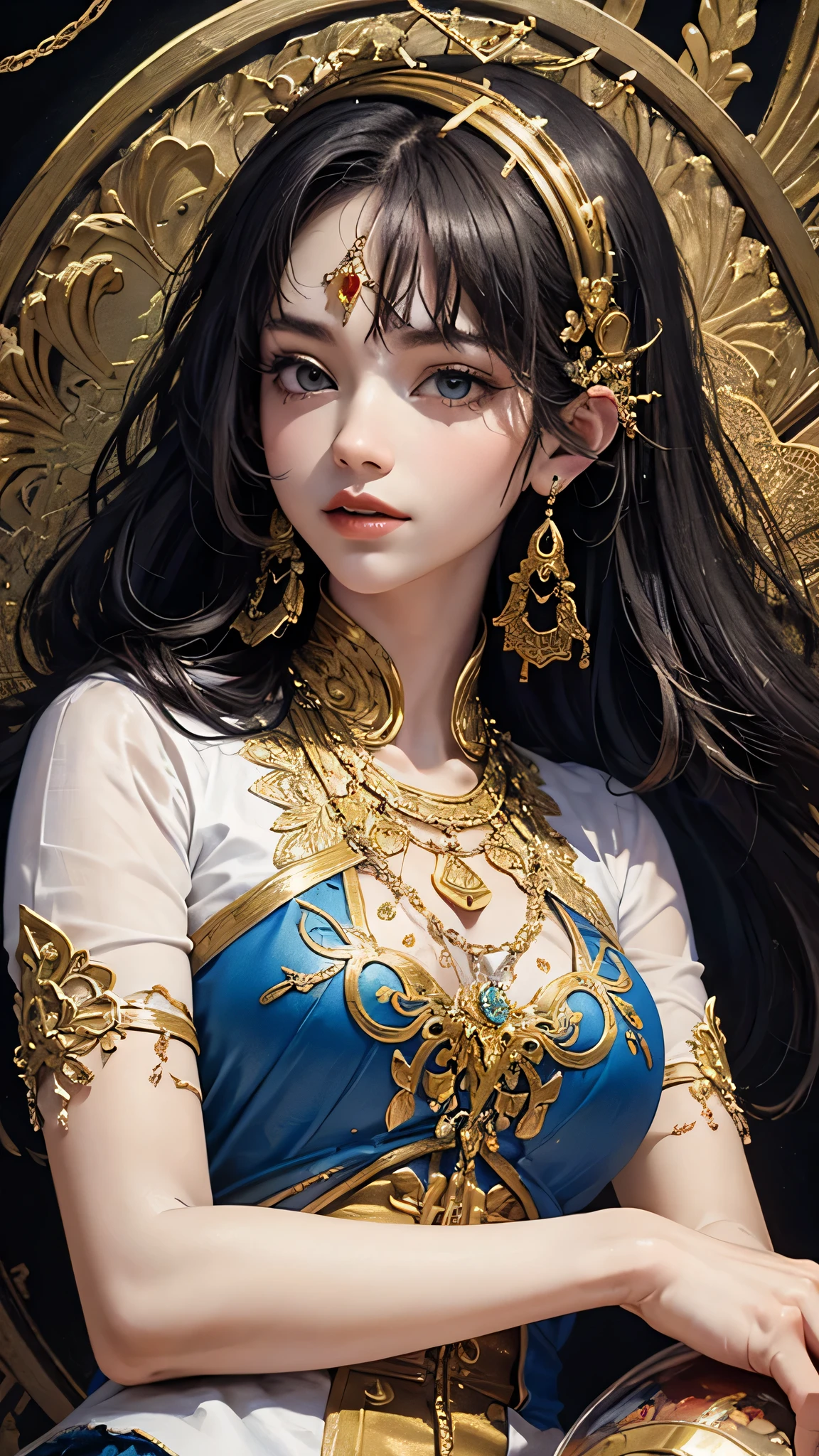 (masterpiece, highest quality, highest quality, official art, beautiful and aesthetic:1.2), (1 girl), very detailed,colorful,most detailed, official art, unity 8k wallpaper, Super detailed, beautiful and aesthetic, beautiful, masterpiece, highest quality, (zentangle, mandala, tangle, entangle) ,holy light,gold foil,gold leaf art,Glitter painting, Perfect Nwsj Magic