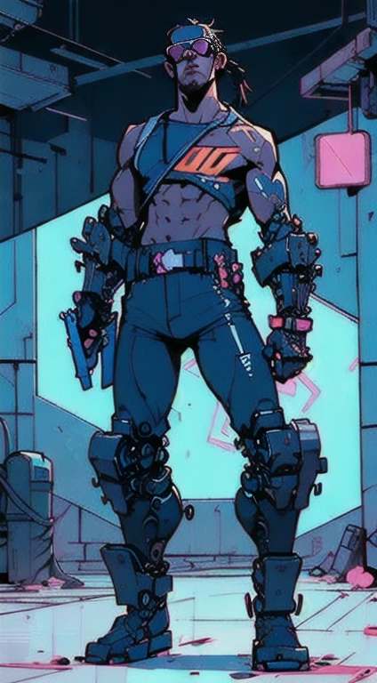 perfect proportions, anatomically correct, (head to toe: 2.0), (full body image: 2.0), solo, extremely stylized, deviant art, masterpiece, highly detailed, detailed eyes, expressive detailed eyes, detailed pupils, futuristic, ((wearing sunglasses)), ((holding a gun)), (cybernetic arms:1.4), big boots, entire body image, full body shot, nvinkpunk, professional photograph of alexander_skarsgard, tassles, large beads, (large tassels), cyberpunk, inkpunk, paint platter, ink splatter, (action pose:1.0), ((neon punk))