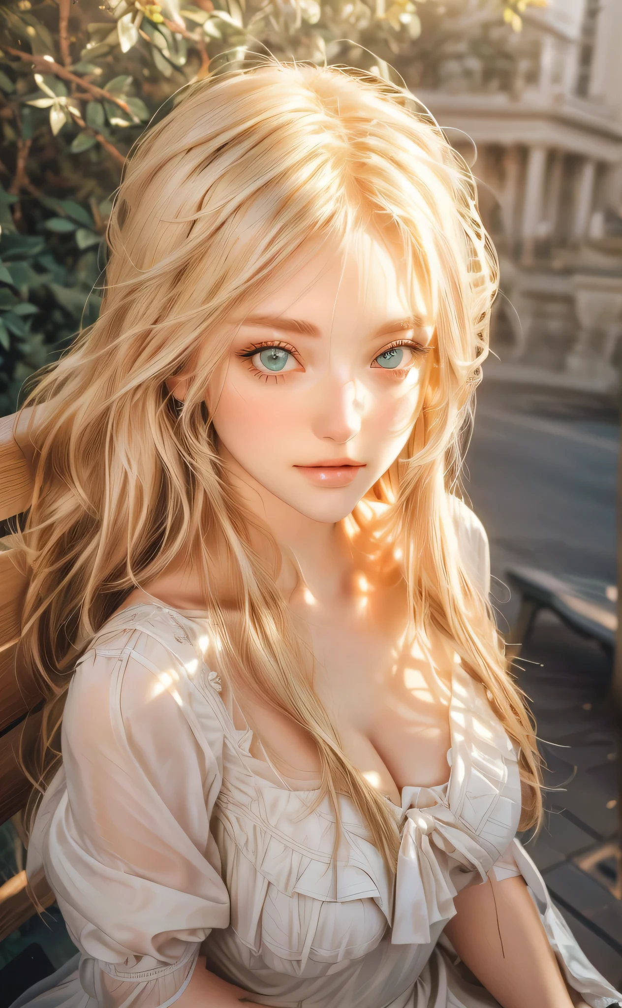 Beautiful girl with long blonde hair, green eyes sitting on a bench, white dress covered, blonde girl with long hair, visual of a cute girl, big breast, natural eyes, visual of a young woman, female character, angel camera from above, Ultra realistic, hyper realistic, detailed lighting, UHD, detailed face, edge lighting