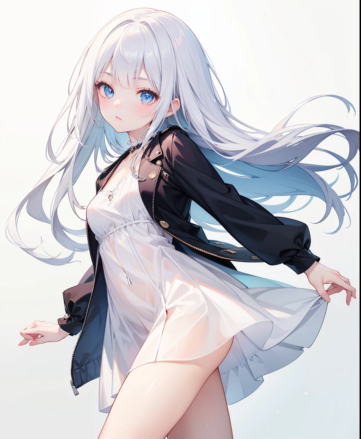 1 girl, , Dynamic posing, dynamic angle, Arrange pose,Top quality work，Show Legs，((just standing)),(long white hair),(blue eyes), Rose cheeks, Pretty Face, A perfectly proportioned face, casual mini dress, tokyo street,((white wall background)), round small breasts, summer