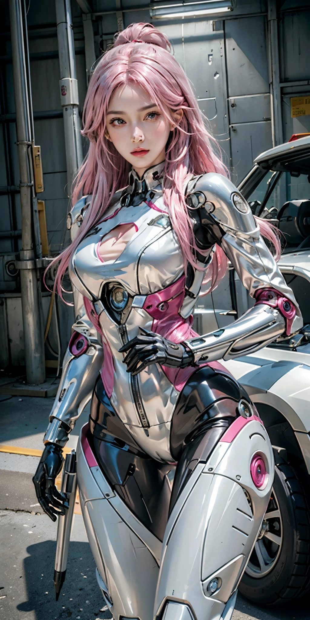photorealistic, high resolution, soft light,1women, solo, hips up, (detailed face), pink hair, long hair, mecha musume, colorful mechanical parts, robot joints, black mechanical bodysuit, cyborg, full metal body, garage