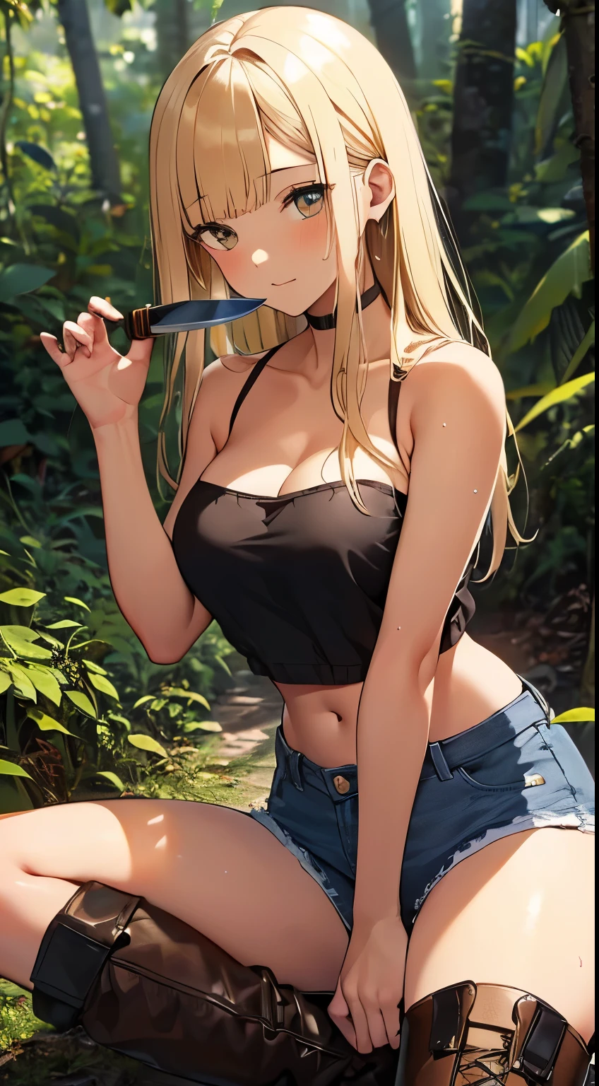 highest quality,(masterpiece),(((Whole body image))),(girl1), (Highly detailed face),Slightly round face, (Tan brown face:1.6), Boyish beauties, Grim face, Beautiful lips,Baby Face,(Black gal:1.6),(Big eyes),(Smooth, straight, long hair:1.5),(strong blonde hair:1.6),(blunt bangs),(Brown skin:1.6),(Denim hot pants:1.3),(Camouflage pattern tube top:1.3),(Brown leather boots:1.2),(Knife in one hand:1.3),in the forest,In the jungle,Woman in survival mode,Sexy thighs,Heat,Sweat heavily,Tropical forests,During a break,sit cross-legged on the ground,The way the light shines is beautiful, Beautiful buttocks