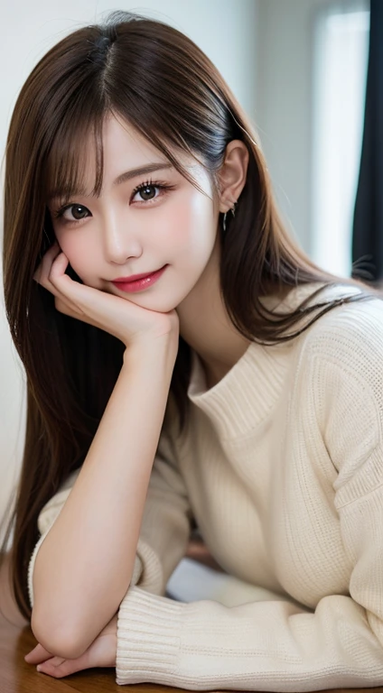 table top, highest quality, figure, super detailed, finely, High resolution, 8k wallpaper, Perfect dynamic composition, beautiful and fine eyes, Trendy Women's Winter Fashion,straight hair,small breasts natural color lip, sexy pose,luxury home bedroom、20 year old girl、Smile at the camera,background blur