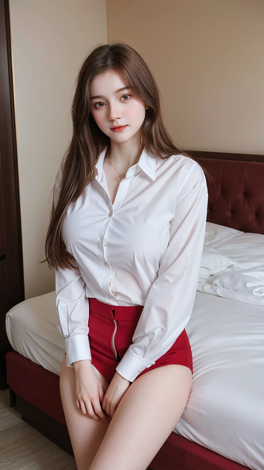 Gorgeus Girl, Beautiful, , 20 Years Old, White Skin, pale skin, large breast, Sexy Pose, naked shirt, Bokeh, bedroom hotel Background, Masterpiece, Fullbody Shot, business suits, long red shirt, oversized shirt, big shirt, realistic, super realistic