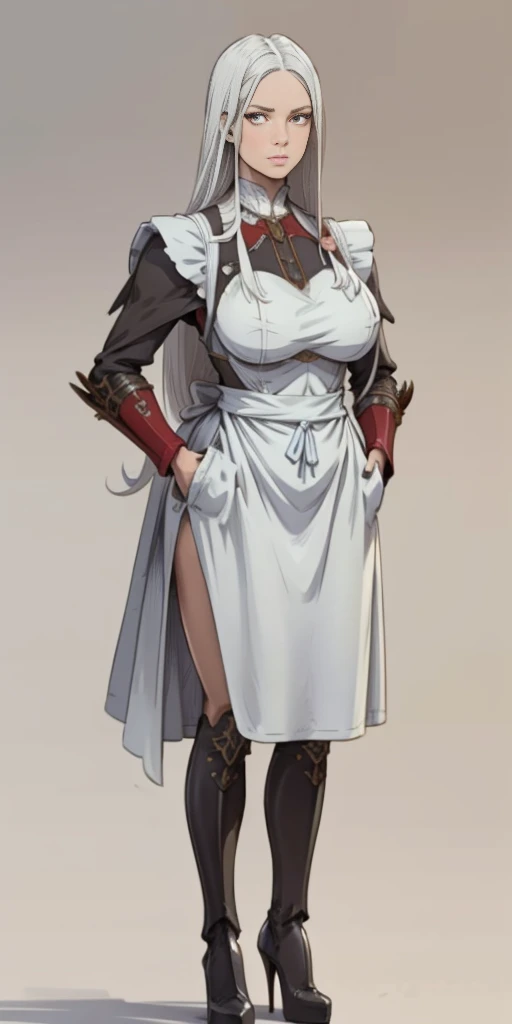 (Masterpiece, plain background:1.2) 1sologirl standing metal high heels, straight, long messy white hair, maid armor outfit, hands inside pockets, white apron with pockets