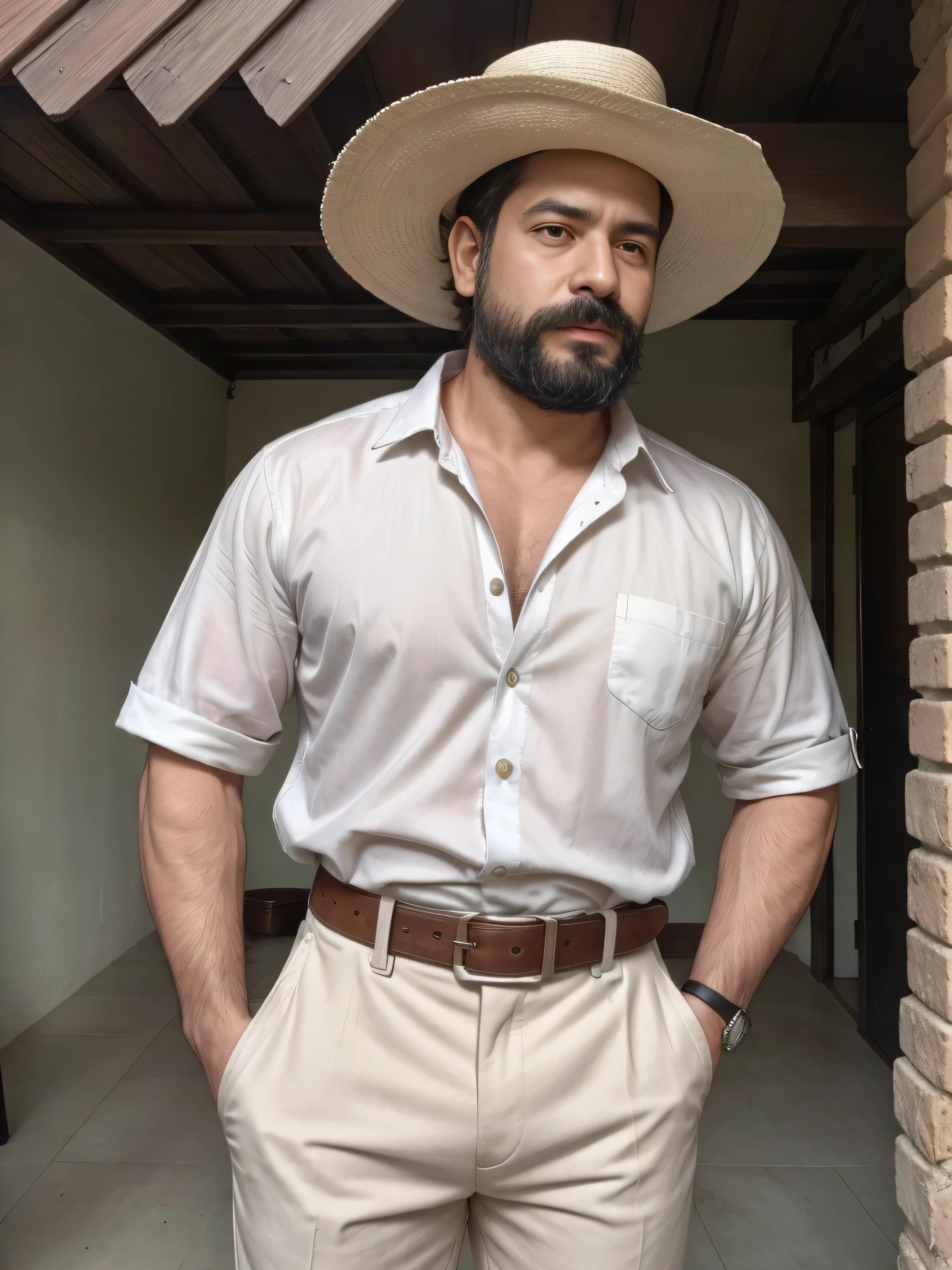 A 38-year-old man with brown skin and a beard, wearing a white cotton shirt without buttons. He has dirty white cotton pants and strapped huaraches. He is also wearing a traditional hat used by poor peasants in 1910 Mexico. He does not have a belt. The setting is a rural area from that era, featuring stone houses and jacales with roofs made of dry thatch. The image should be super realistic, showing a medium shot of the upper part of his body.