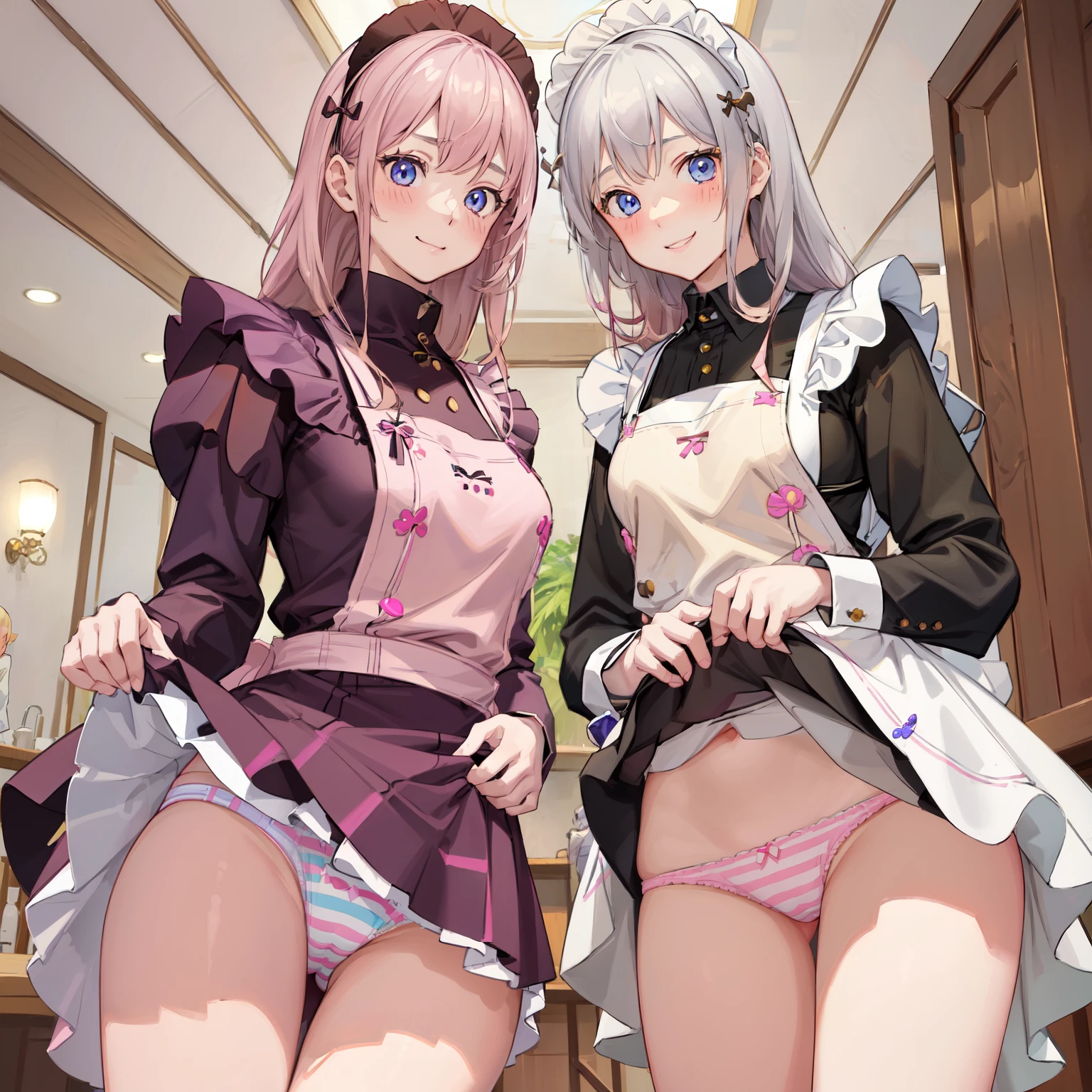 highest quality、masterpiece、((2 girls:1.mile:1.3))、(blush:1.3)、Black Shirt、blouse、((fun!!))、(Small breastsonde、(Long sleeve)、((White apron:1.5))、((Maid))、((hair ornaments)),、Kamimei、look at me、 ((in house:1.5))、 Taking a break from watching the audience、Cowboy Shot、(Skirt lift:1.3),(Highly detailed pink striped panties:1.3)、(detailed panties:1.3)、、(スカート tls up:1.3)、(Panties fully exposed:1.5)、Lue eyes、long hair、Glowing Eyes