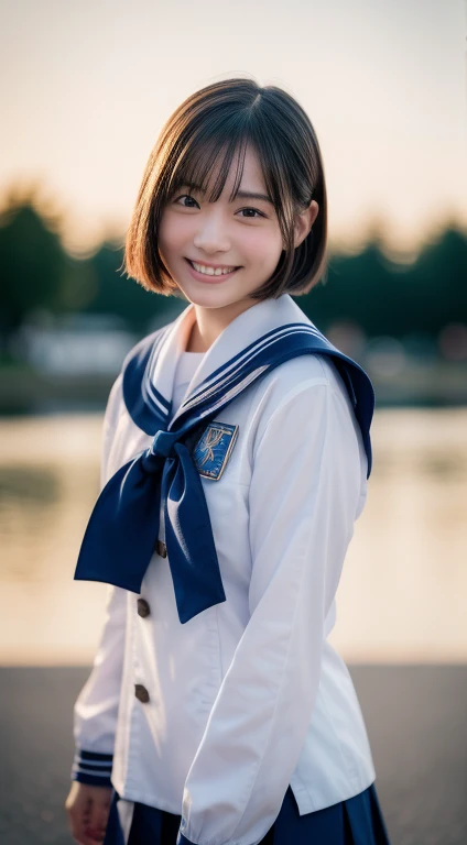 ((run and jump))、highest quality,8K quality,masterpiece:1.3),(超High resolution,Photorealistic:1.4,RAW Photos),(Very detailed,Caustics,Detailed Background),(Ultra-Realistic Capture,Beautiful and detailed skin,Perfect Anatomy),At dusk,Sunset sky,School building,Schoolyard,18-year-old,cute,Black short bob,Looking at the camera,Laughter,、masterpiece, highest quality, High resolution, wallpaper, Realistic, Bright lighting, Professional Lighting, Face Light, Smooth lighting, Japanese Girls, ((Whole body 1.4)),Are standing, ,cute, smile, beautiful girl, gravure, sexy, so beautiful, Beautiful Skin, Beautiful and exquisite、Detailed face、slim、Moderate, short hair,、Schoolyard、Cheerfully、smile、skip、Teenage Girlpanese Realisticな 10 generations Background Blur、Sailor suit、blue sky