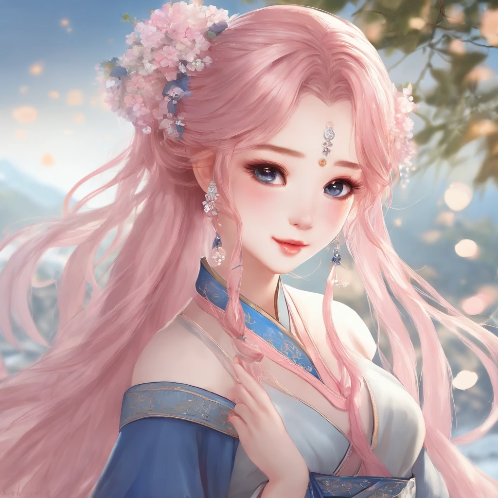 (masterpiece), (best quality), (Super detailed), (Dirty hair), (illustration), (1 girl) (Long pink hair 1.5) (blue eyes) (Twintails 2.0), ((((Unemployed))),Hanfu, (looking at the audience, (interview), (Simple background), Beautiful and delicate eyes, Delicate and beautiful face, spiked (High saturation), (Colorful flash), Colorful bubbles, (flash), Facial highlights, PerfectNwsjMajic, Conservative clothing, Unemployed, Autumn clothes, For the masses, Perfect body,