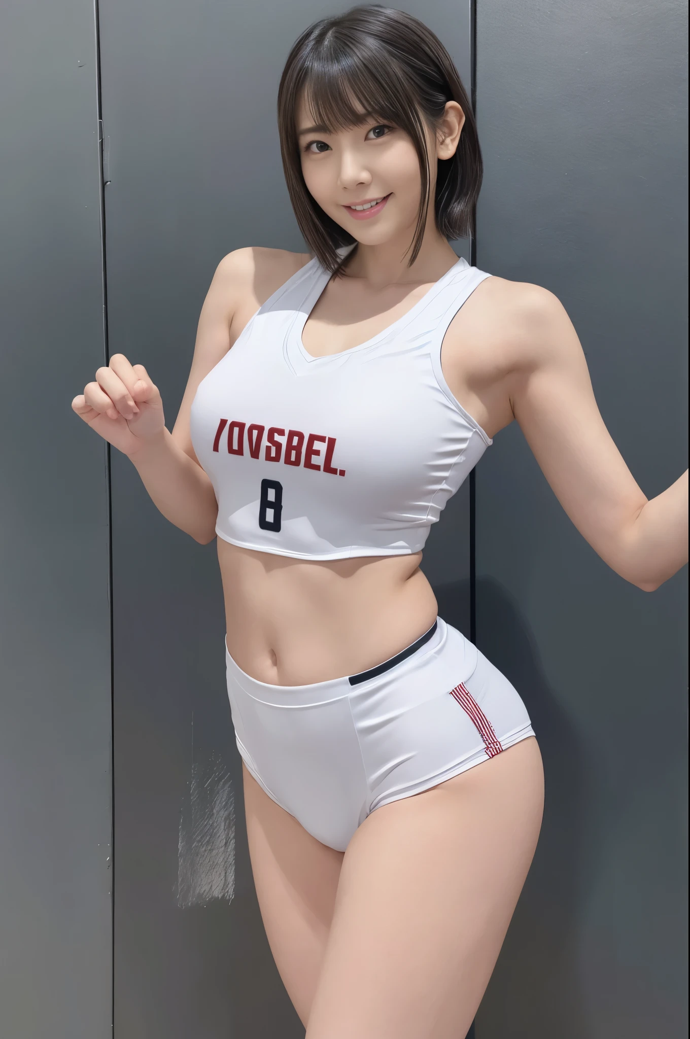 （High leg、Volleyball Uniforms、小さいHigh legビキニパンツ、the navel is slightly visible、Sleeveless、ass、Black Hair、smile、Groin）、Professional Lighting、Volleyball venue、Small waist、Adult female、Captivating thighs、Very large breasts、Cleavage、Big Ass、