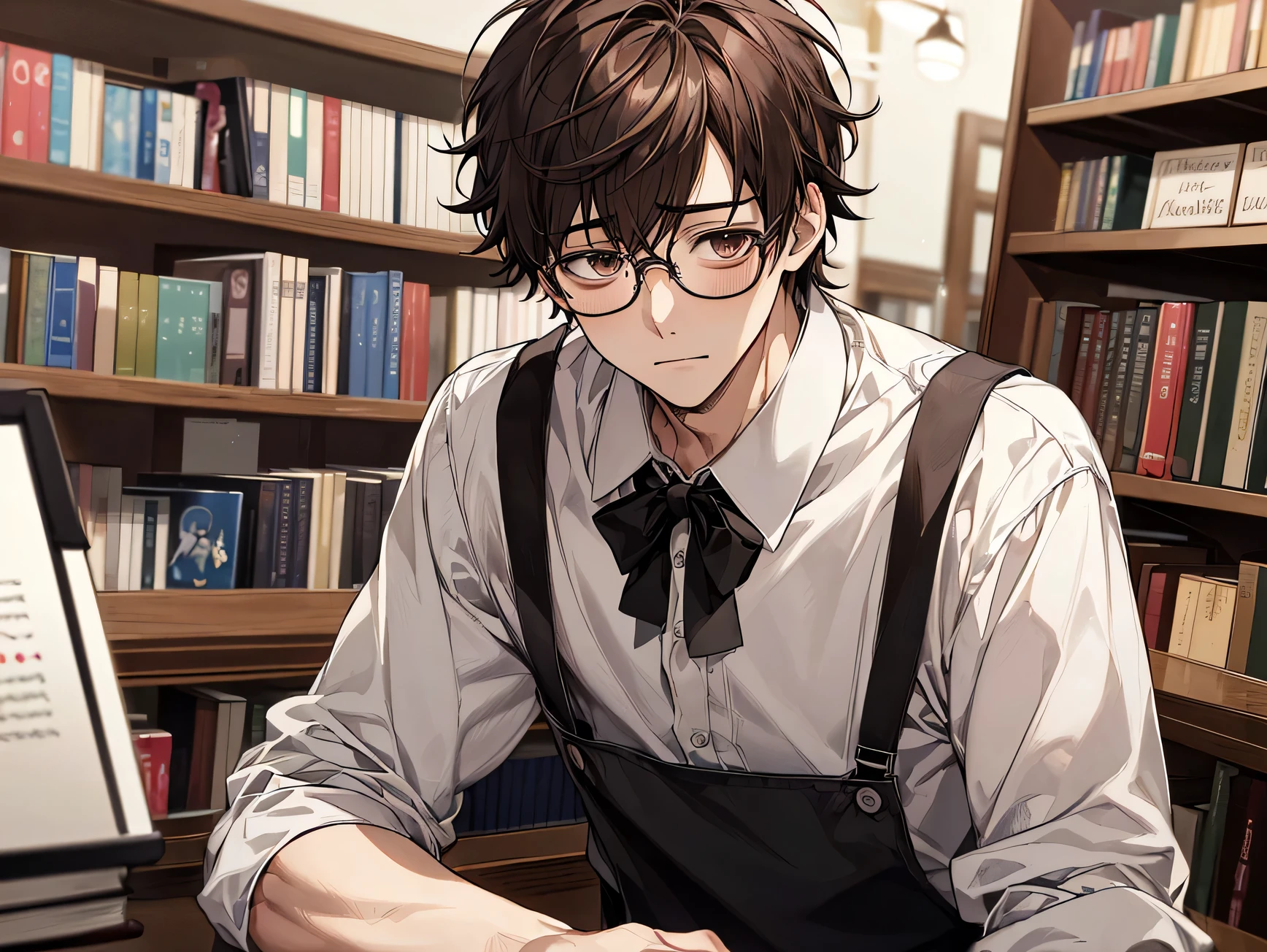 Upper Body,masterpiece,highest quality,Face close-up, (Anime Male),melancholy, book store clerk, apron,Male,25age,male,alone,Glasses,Kedaruge、Downer,shirt,messy hair, Brown,book store,Background Bookshelf