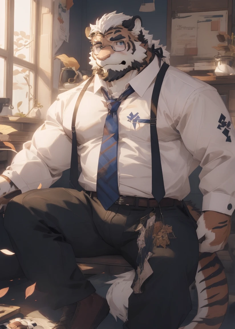 masterpiece),(Very detailed),(best quality),hairy,tiger,White毛皮,Light blue pupils,black beard,muscular,Black-rimmed glasses,(cap:1.2),((black:1.3,tie:1.4)),(((unbutton your clothes))),(((White))),(shy blush:1.1),(In the bedroom,Fallen leaves drift in from the window,ground,躺在ground上),(Very detailed),8K,(super high quality)
