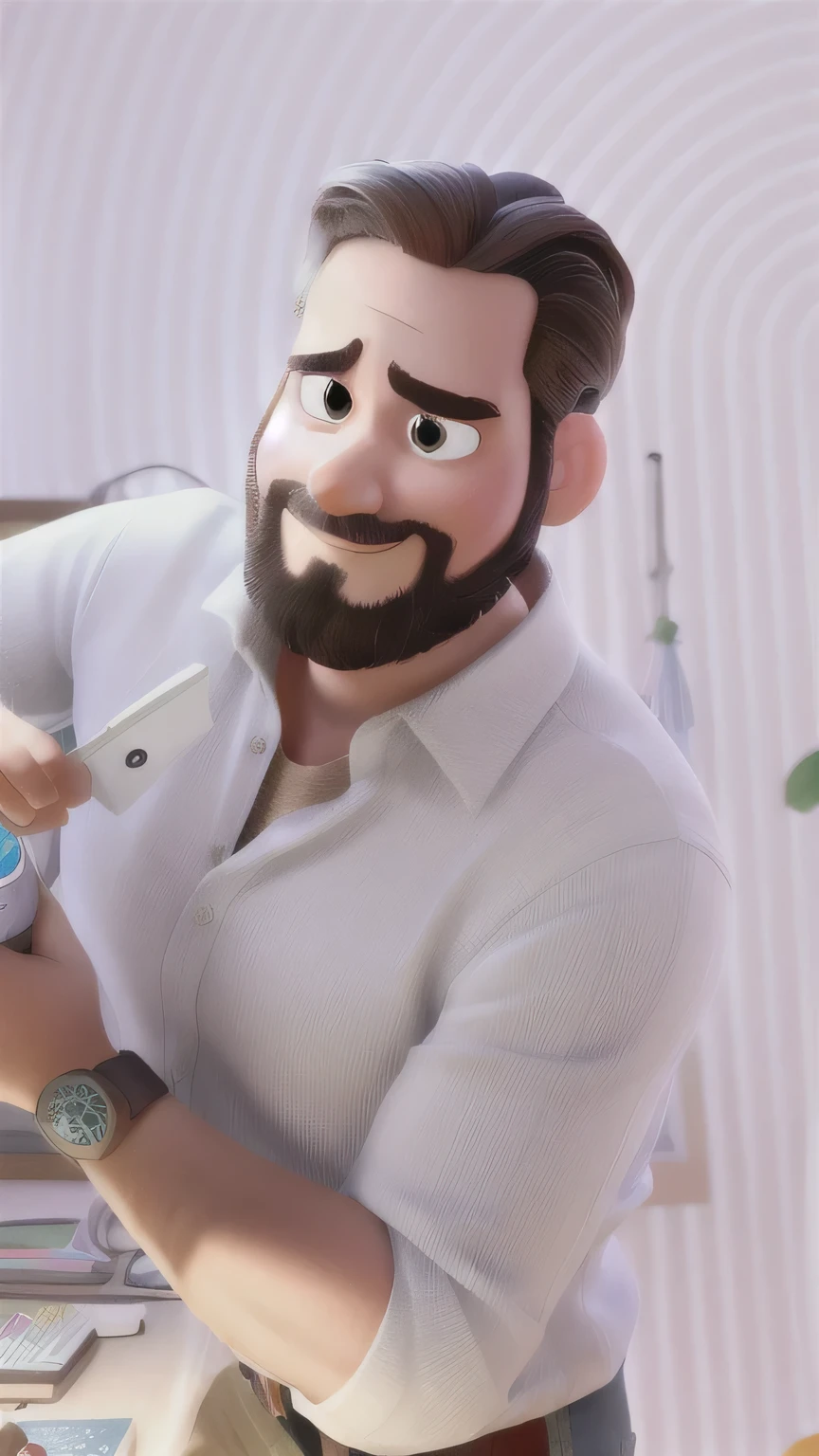 um homem estilo pixar disney alta qualidade, moreno, cabelo ondulado, barba por fazer, sentado em uma cadeira, illuminated by the light of a lamp, tendo como pano de fundo uma escritorio de engenharia