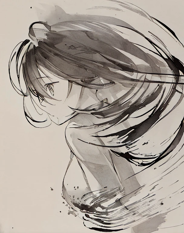 (best quality, ink style drawing:1.2),cute girl, vibrant depiction of human movement, speed line, monochrome, professional lighting