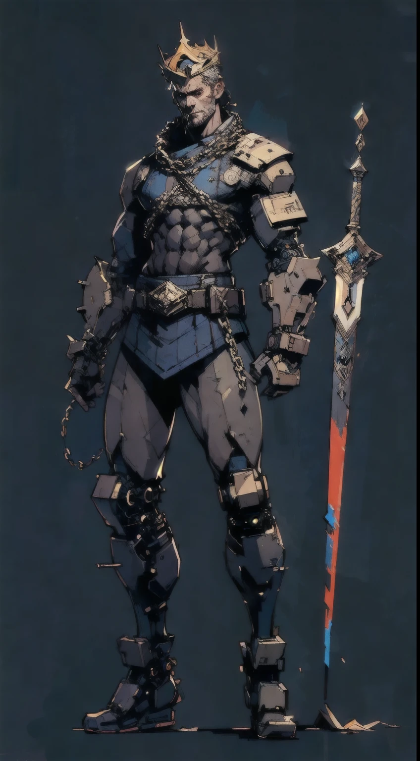 perfect proportions, anatomically correct, (head to toe: 2.0), (full body image: 2.0), solo, extremely stylized, deviant art, masterpiece, highly detailed, detailed eyes, expressive detailed eyes, detailed pupils, futuristic, ((wearing a crown)), ((holding a scimitar and shield)), (cybernetic arms:1.4), big boots, entire body image, full body shot, nvinkpunk, professional photograph of alexander_skarsgard, tassles, large beads, (large tassels), cyberpunk, inkpunk, paint platter, ink splatter, (action pose:1.0), ((chainmail shirt))