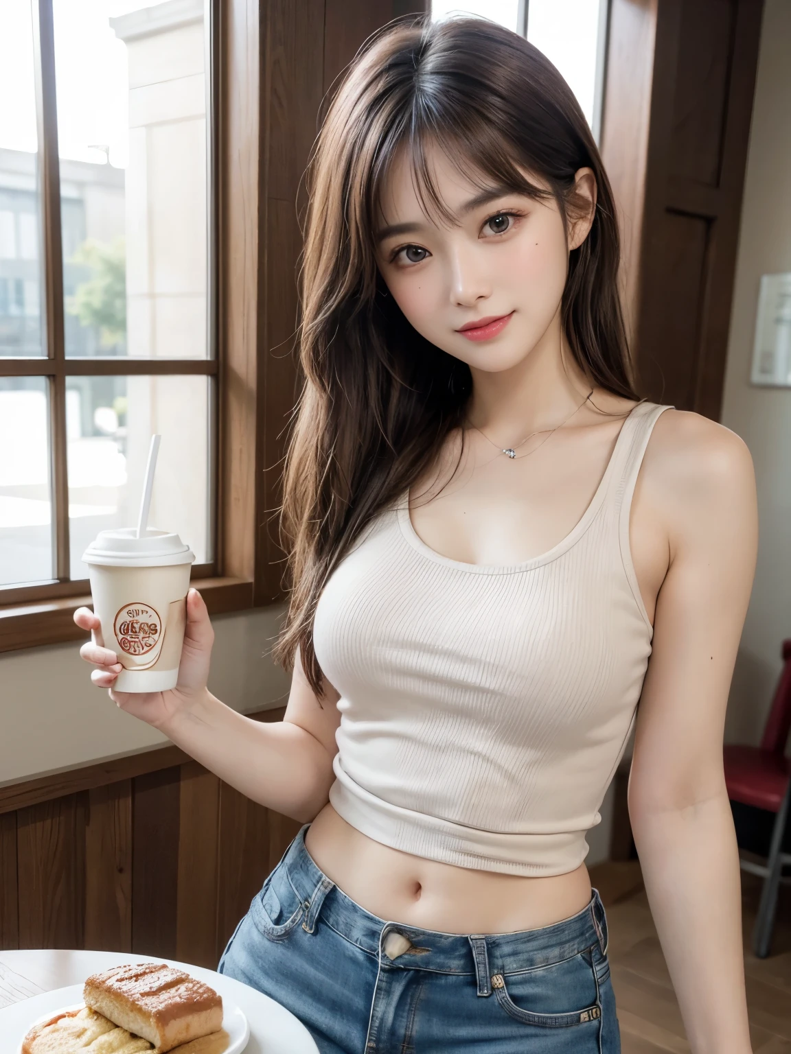(masterpiece: 1.3), (8k, Realistic, RAW Photos, highest quality: 1.4), (One Girl), Beautiful Face, (Realistic Face), (Brown long hair: 1.3), Beautiful Hairstyles, (bangs), (teethを見せるsmile), smile, Realistic eyes, Gloss, highlight, highlight in the Eyes, eyelash, Beautiful details in the eyes, (Realistic Skin), (((Tank top:Random color 1pc.2、Short jeans、At the cafe、Coffee on the table)))、Beautiful Skin, Transparency、 bust, smile, teeth, Confused, charm, 超High resolution, Ultra-realistic, High resolution, Golden Ratio, Clear eyes, Wet, Mole, Looking into the camera, ear, Shine, Long neck, double eyelid, Big eyes, cheek, kind character, charm personality, kind, Move, 圧倒的なcharm, bright personality