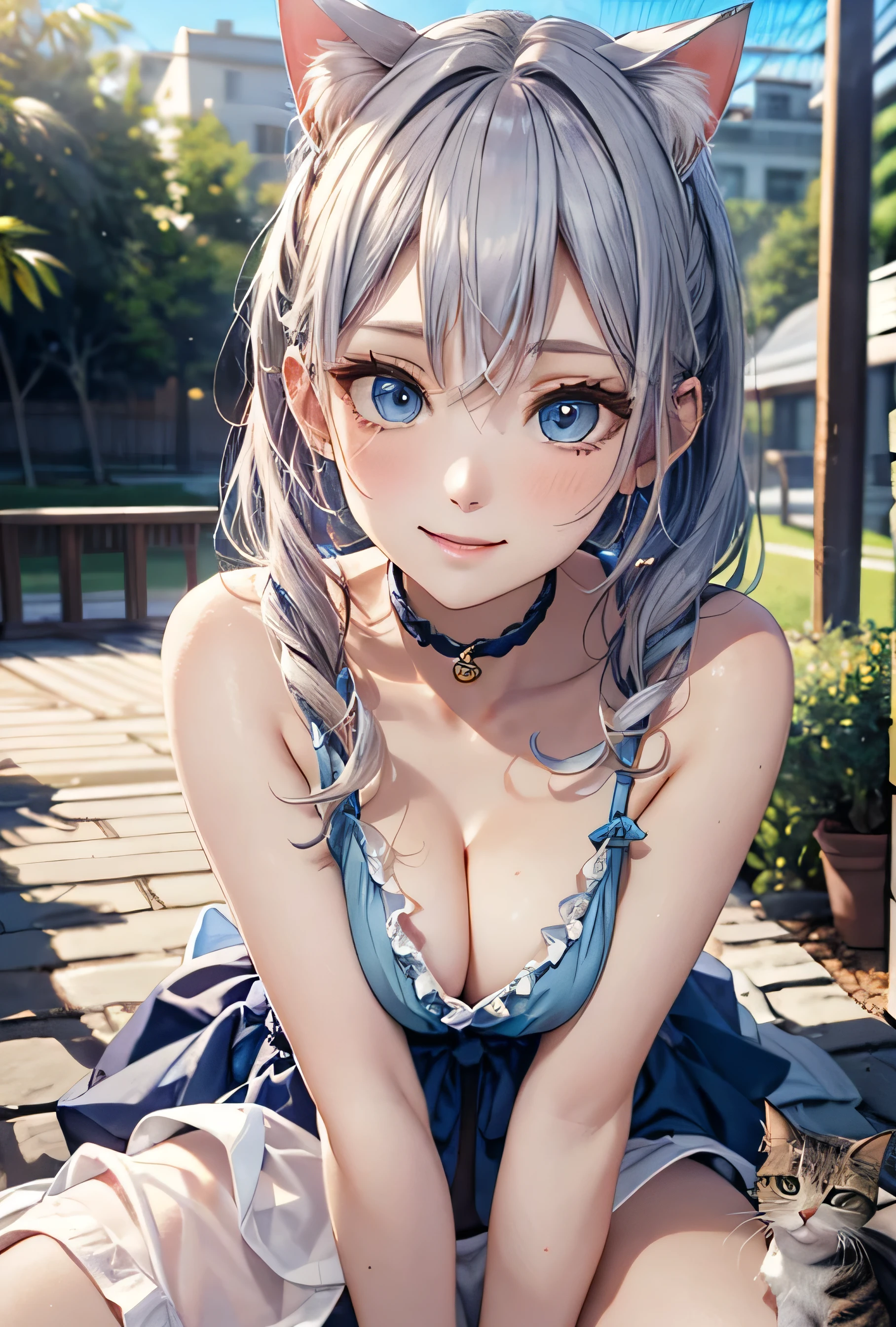 Absurd, Ultra-detailed,Bright colors,(8k:1.5),Masseter muscle area,Very beautifully detailed face and eyes,(Cat anthropomorphism:1.3)、(Deep blue eyes:1.4) valley、Pink skin、Summer Morning、Backstreets、Sitting pose,(The smile is too cute:1.3)
