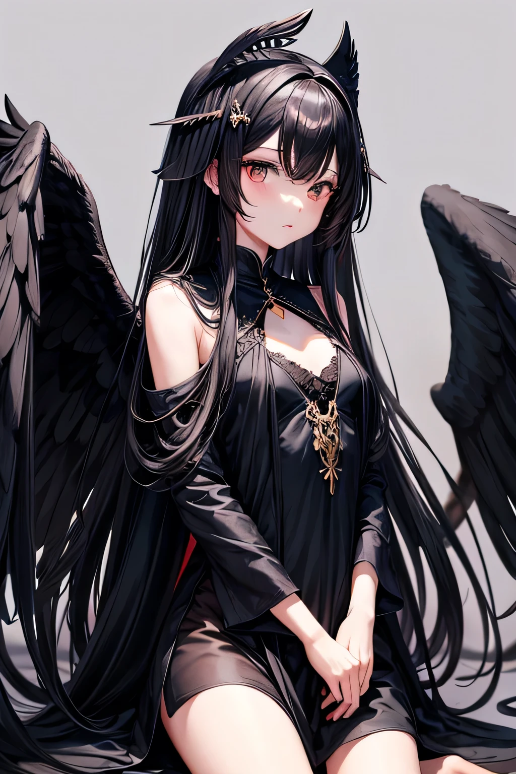 A mysterious and powerful woman dressed in flowing black clothes, with long black hair that seems to be ruffled by the wind. She has an intense and determined expression. On his right shoulder sits a large raven with open wings., giving an even more enigmatic and dark air. The background is hazy, with gray tones, and little crows fly around, complementing the mystical and supernatural atmosphere of the scene.