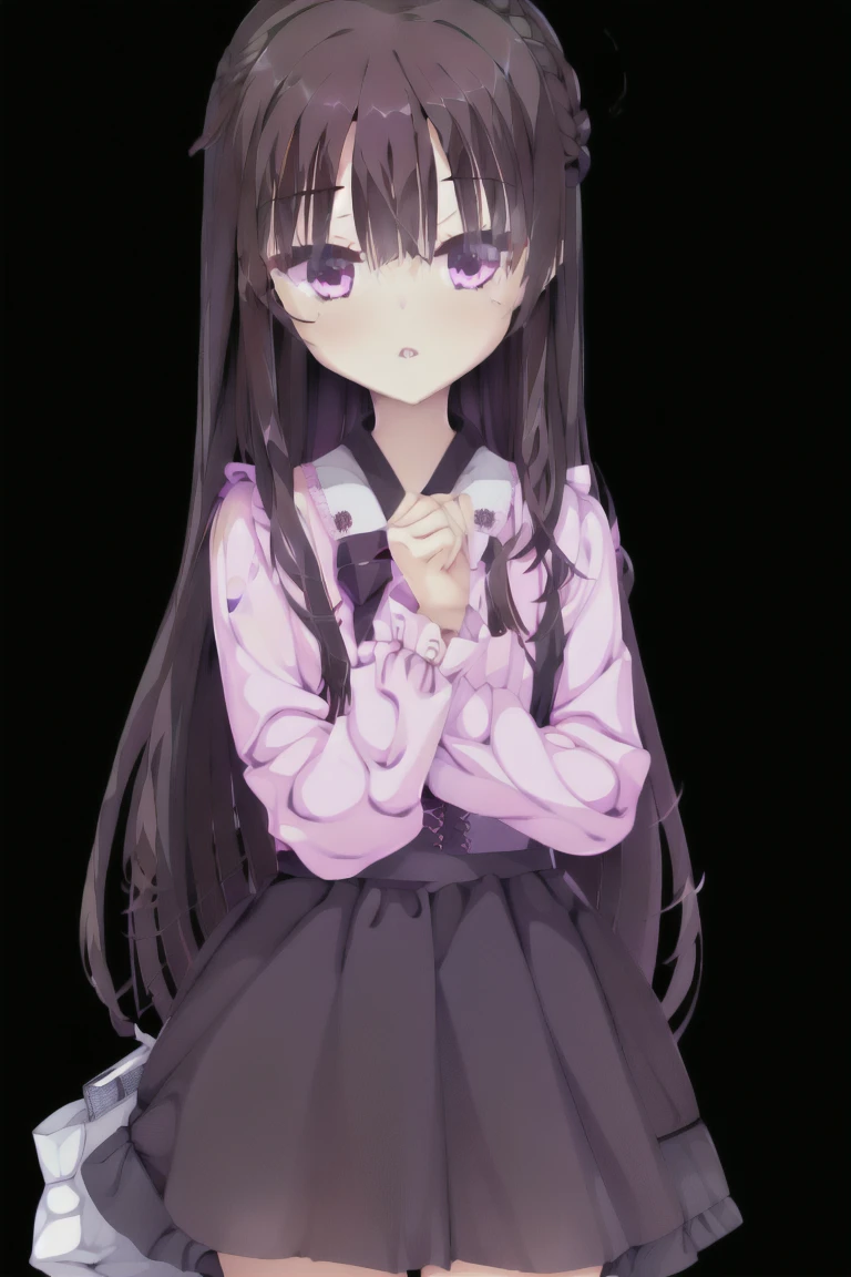 1girl,solo,long_hair,blush,bangs,skirt,shirt,black_hair,long_sleeves,bow,very_long_hair,purple_eyes,hair_bow,frills,puffy_sleeves,collared_shirt,black_skirt,bag,two_side_up,v-shaped_eyebrows,dress_shirt,black_bow,depth_of_field,lace_trim,puffy_long_sleeves,pink_shirt,emphasis_lines,jiraikei_fashion,expensive_solve, clear_image, expensive_Contrast, 8k, Sparkling, beautiful_detailed_face_and_eye, (Dark Brown Hair:1.25), 白 eye,Black background