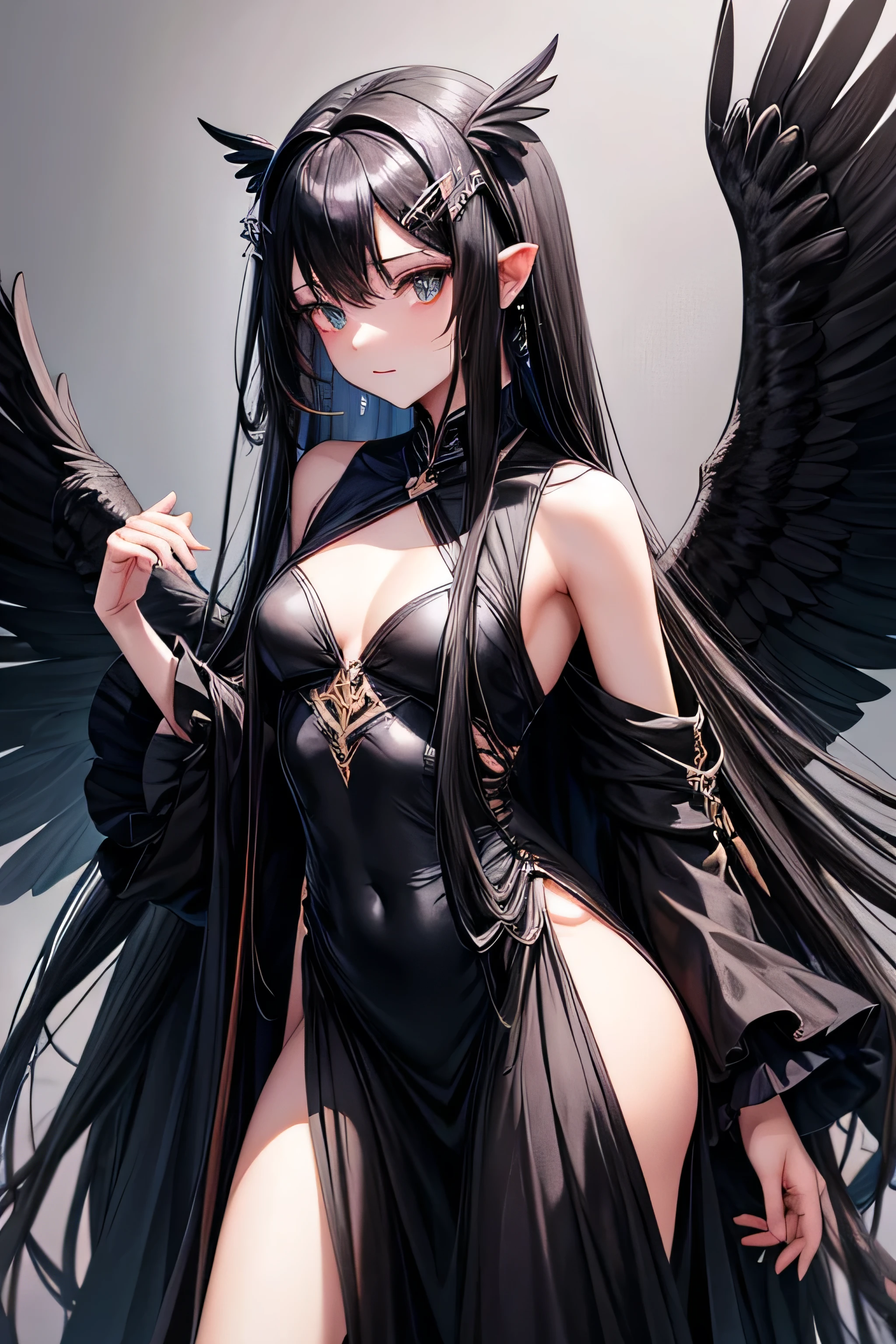 Long black hair, wing-shaped hair accessories, black dress, height 180cm, extremely small breasts, black-winged angel