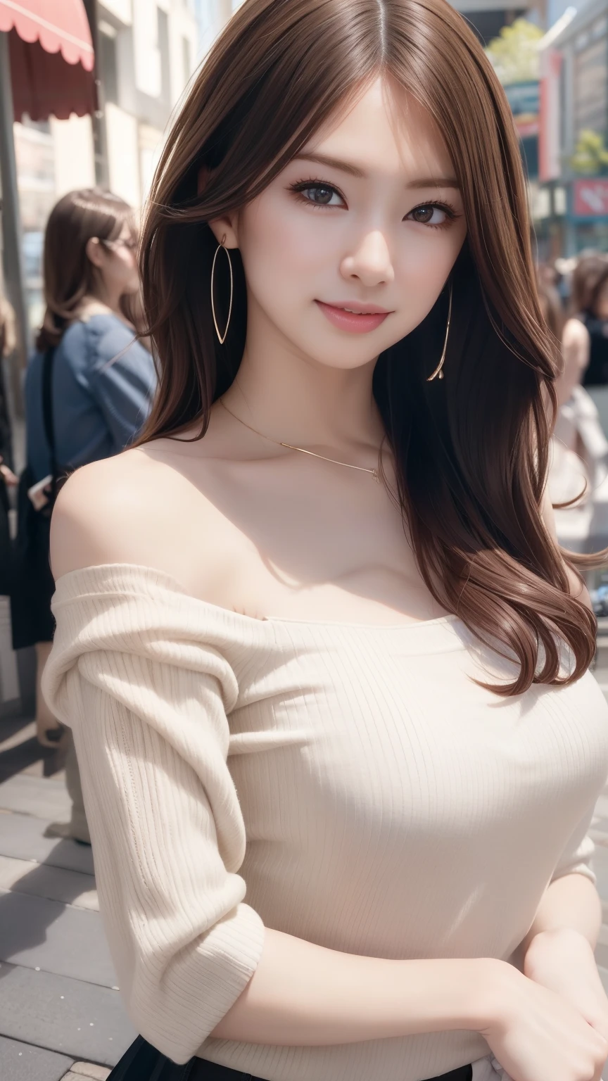 Realistic、Realistic、highest quality、Natural Lip、Fair skin、Great light、Beautiful lighting、bangs、Off the shoulder、Large Breastsの谷間、Large Breasts、White camisole、mini skirt、Gorgeous Accessories、Harajuku、smile、かわいいsmile、Crowds in the city